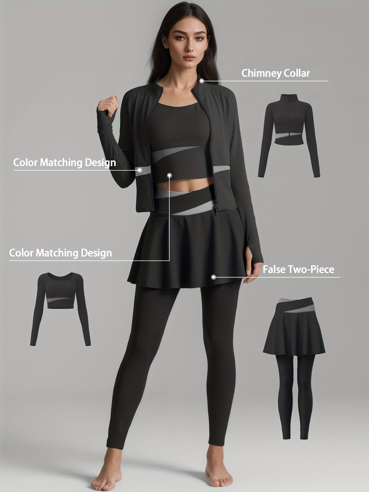 Colour Block Jacket & Skort 3 Piece Set - Black