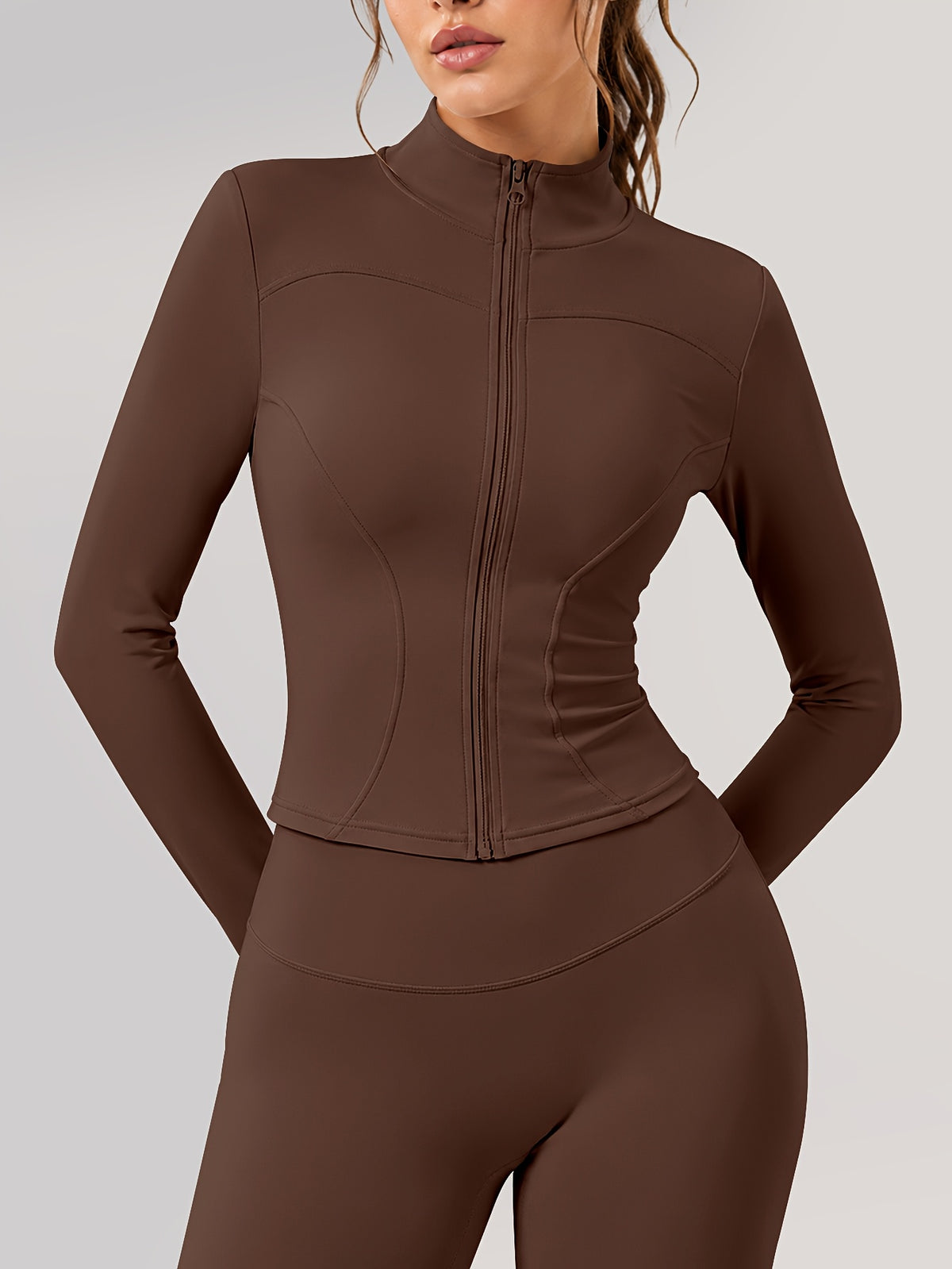 Zip Jacket & Wide Leg Pants Set - Brown