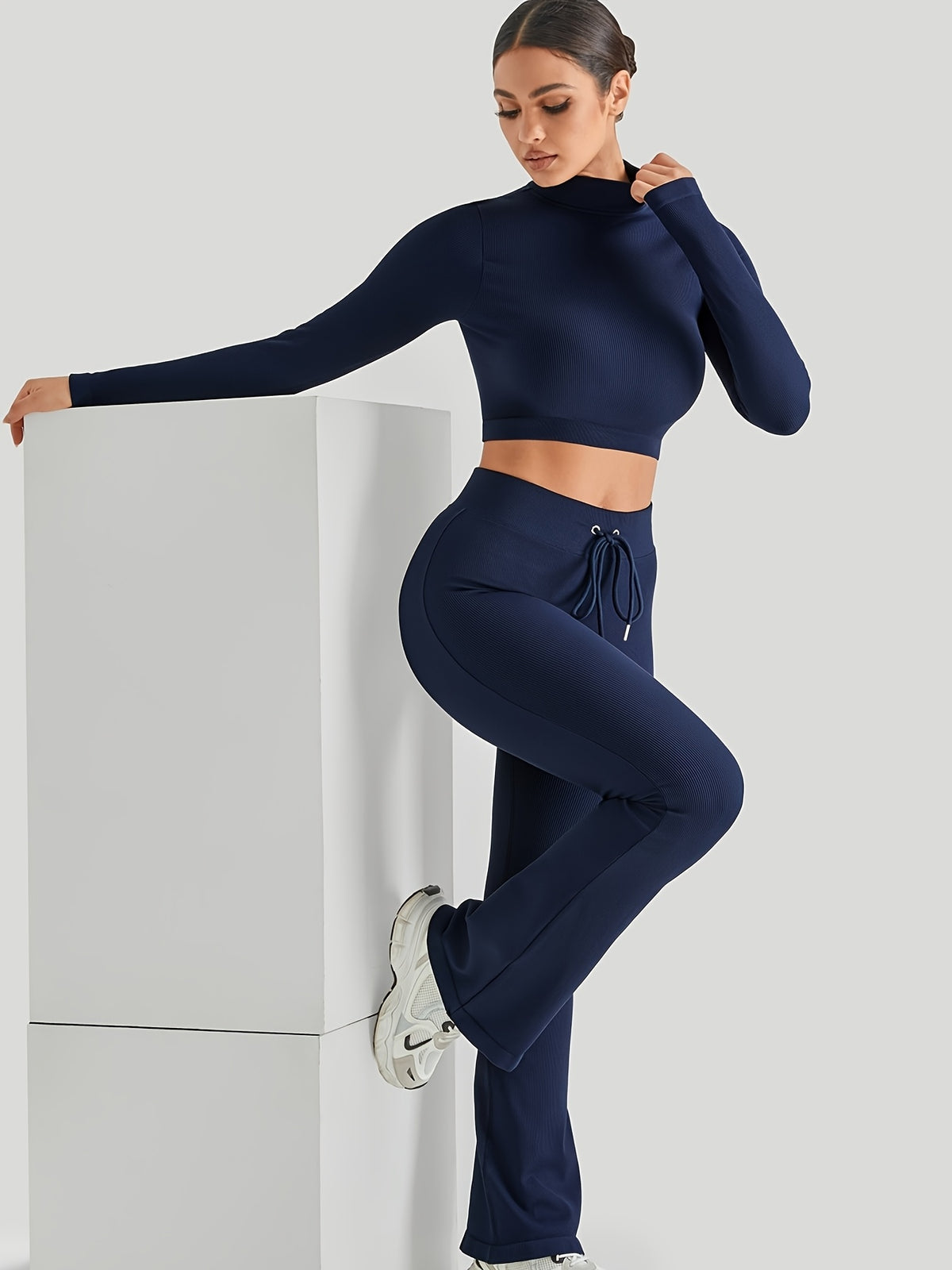 High Neck Crop Top & Drawstring Flare Set - Navy