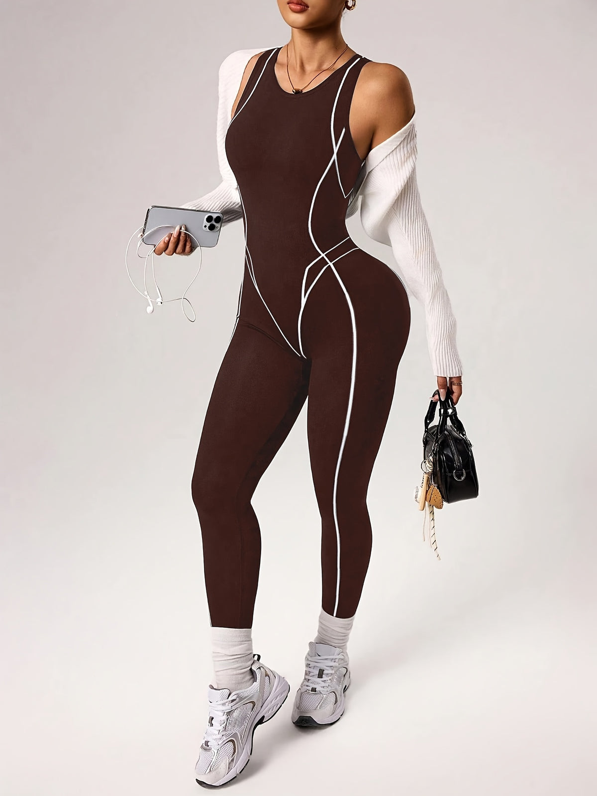Back Zip Contour Line Jumpsuit - Dark Brown
