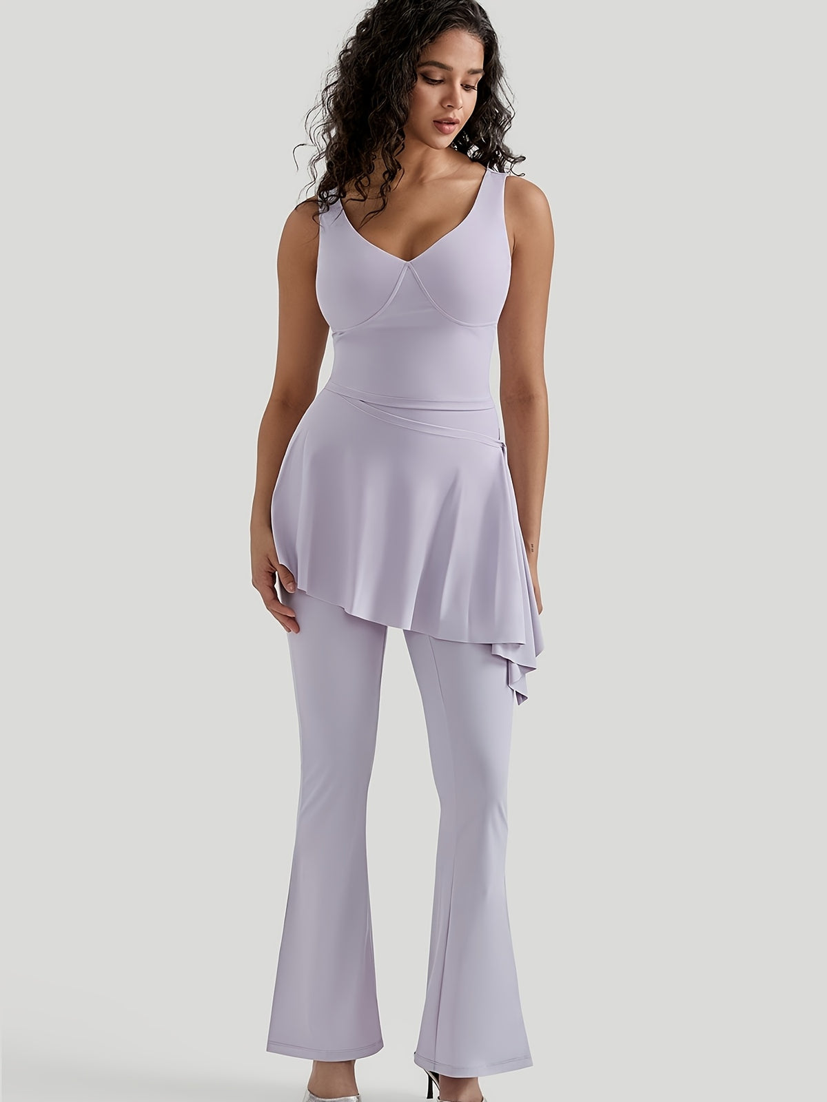 V-Neck Bra & Skirted Wide Leg Pants Set - Lavender