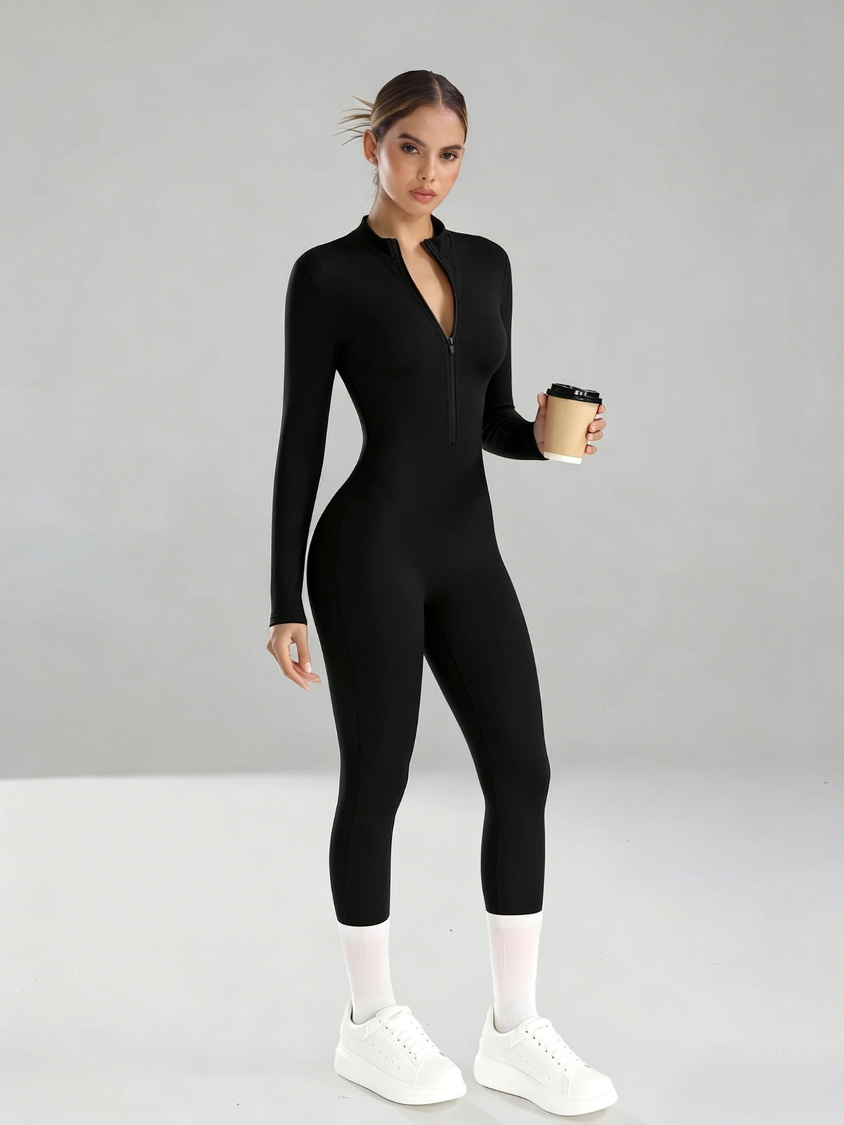 Half Zip Stand Collar Unitard - Black