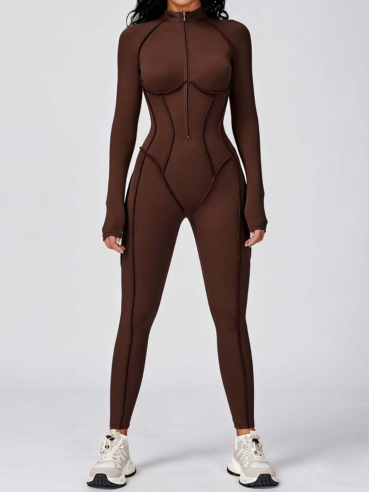 Half Zip Long Sleeve Jumpsuit - Coffee