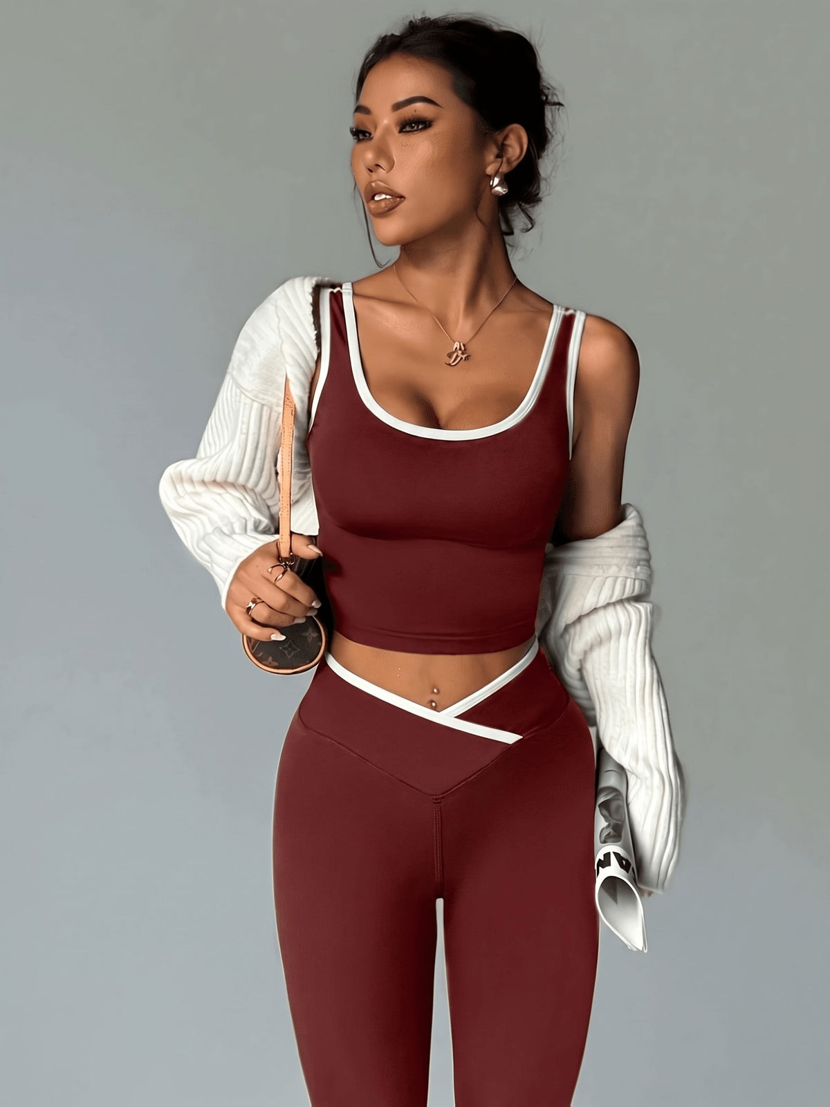 Crossover Waist Top & Leggings Set - Burgundy