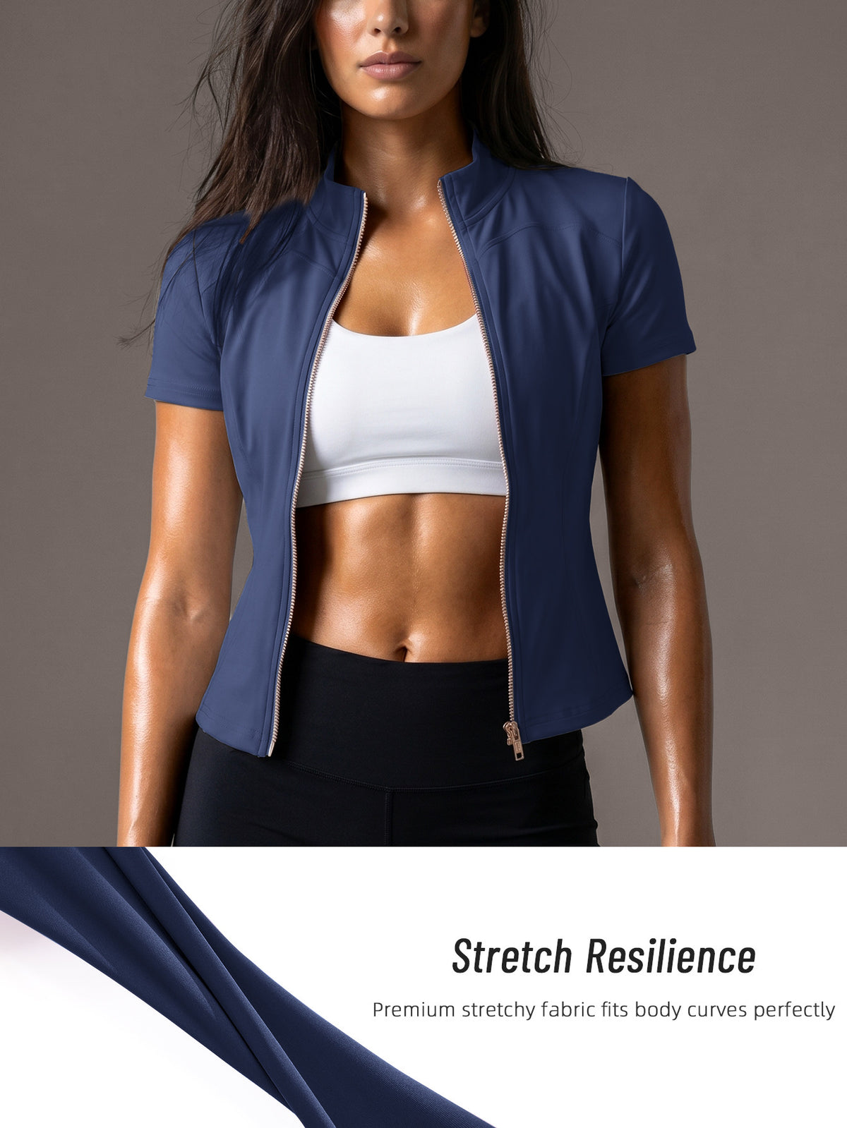 Short Sleeve Stand Collar Zip Jacket - Navy