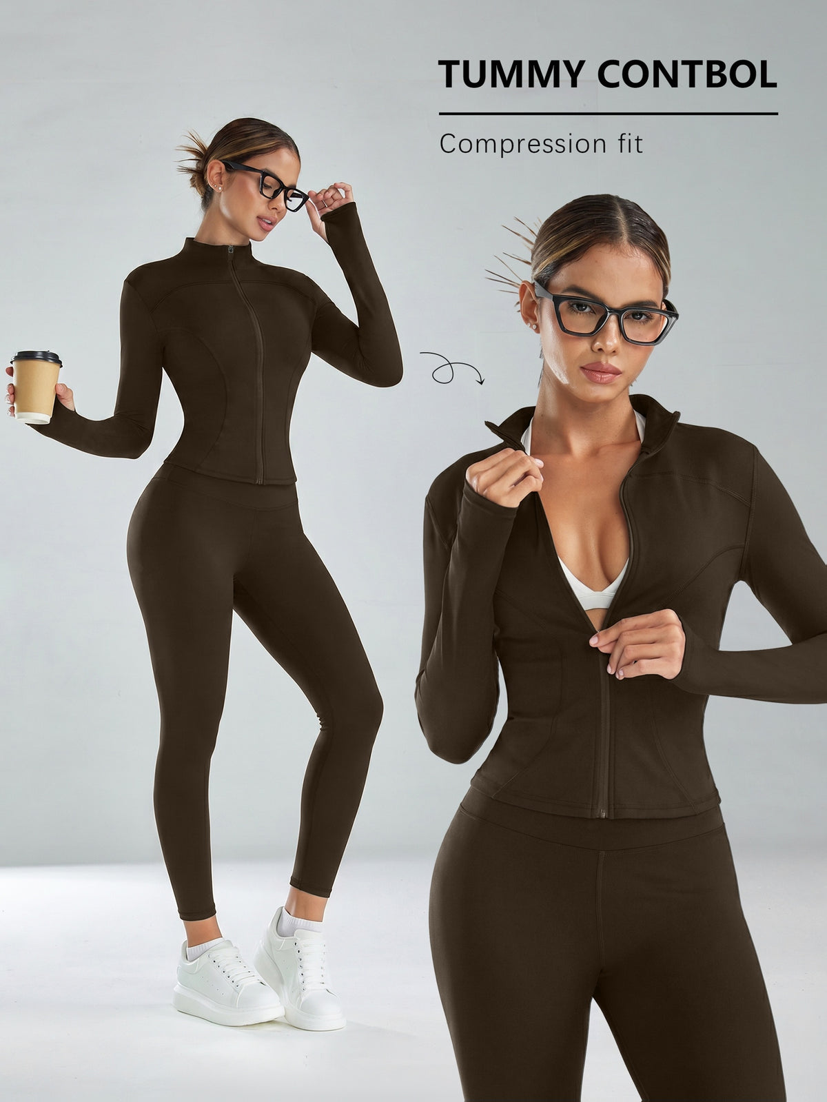 Mock Neck Track Jacket & Leggings Set - Coffee Brown