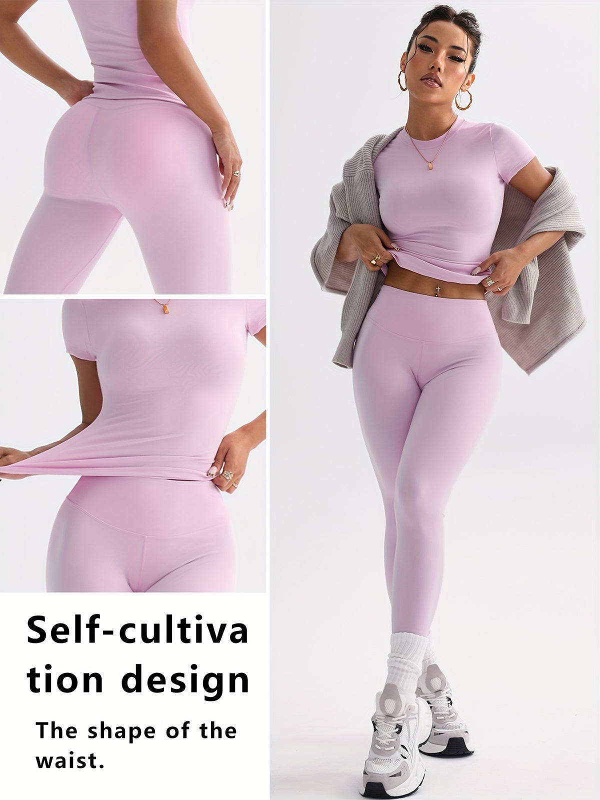 Cropped Tee & Leggings Set - Pink Red