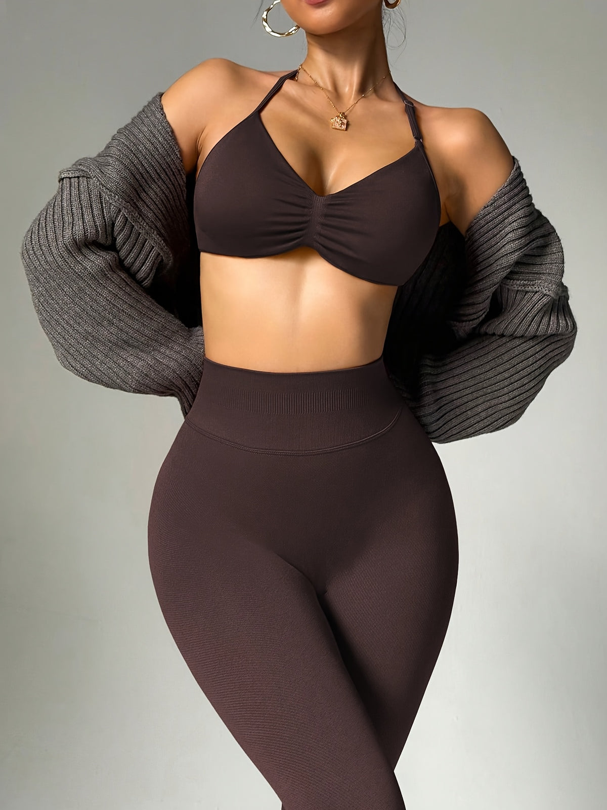 Thin Strap Padded Bra & Leggings Set - Brown