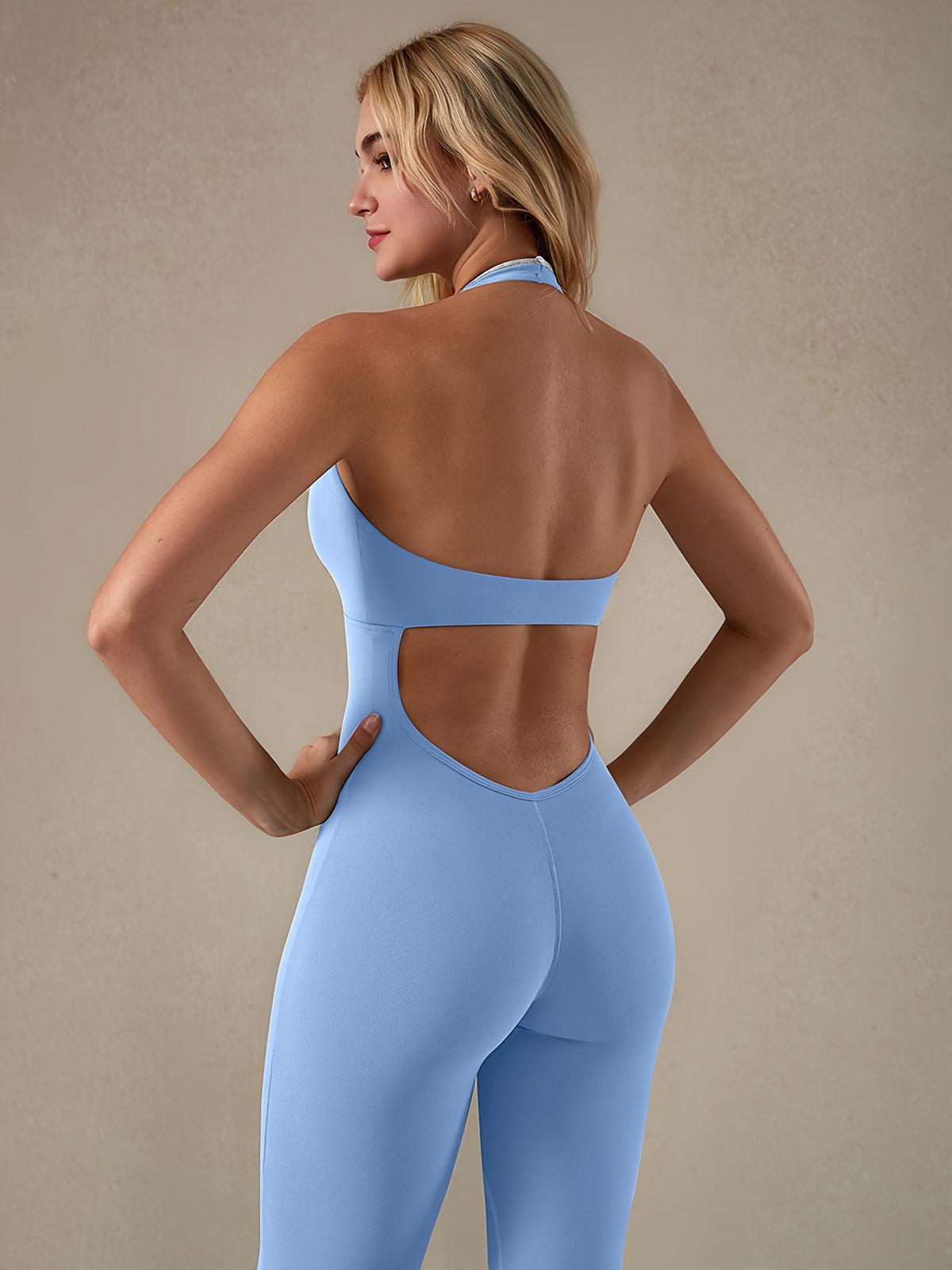 Halter Deep V Backless Flare Jumpsuit - Light Blue