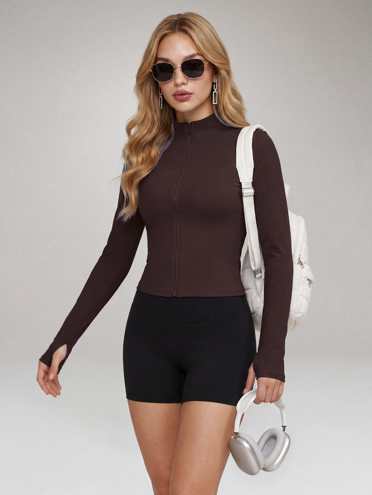 Thumbhole Cuff Zip Jacket - Coffee