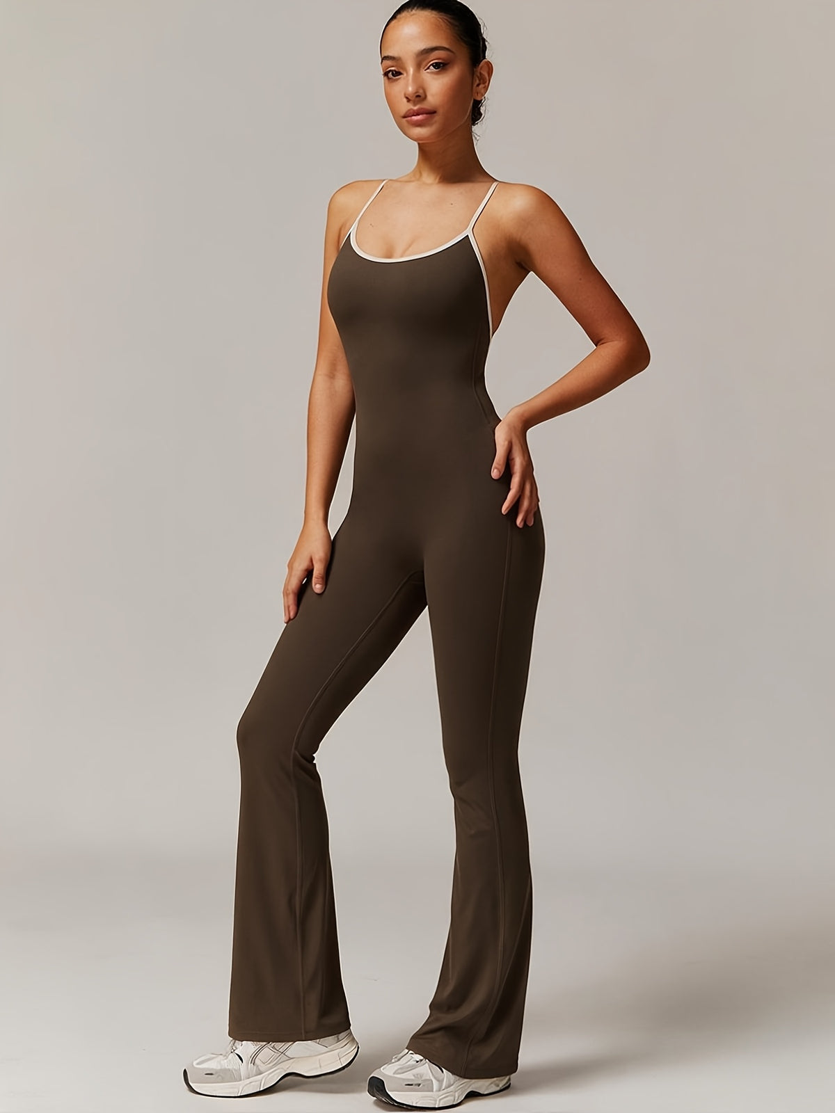 Crisscross Back Ruched Flare Jumpsuit - Coffee