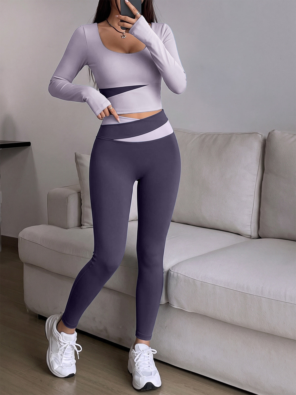 Spliced Finger Tab Crop Top & Pants Set - Light Purple & Dark Purple