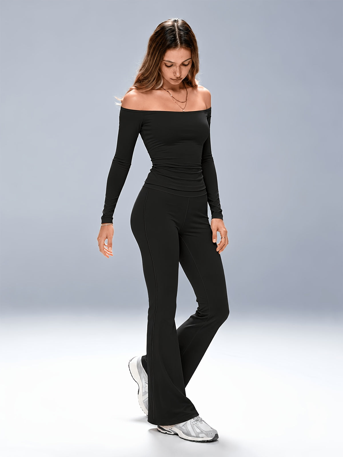 Off-Shoulder Top & Flared Joggers Set - Black