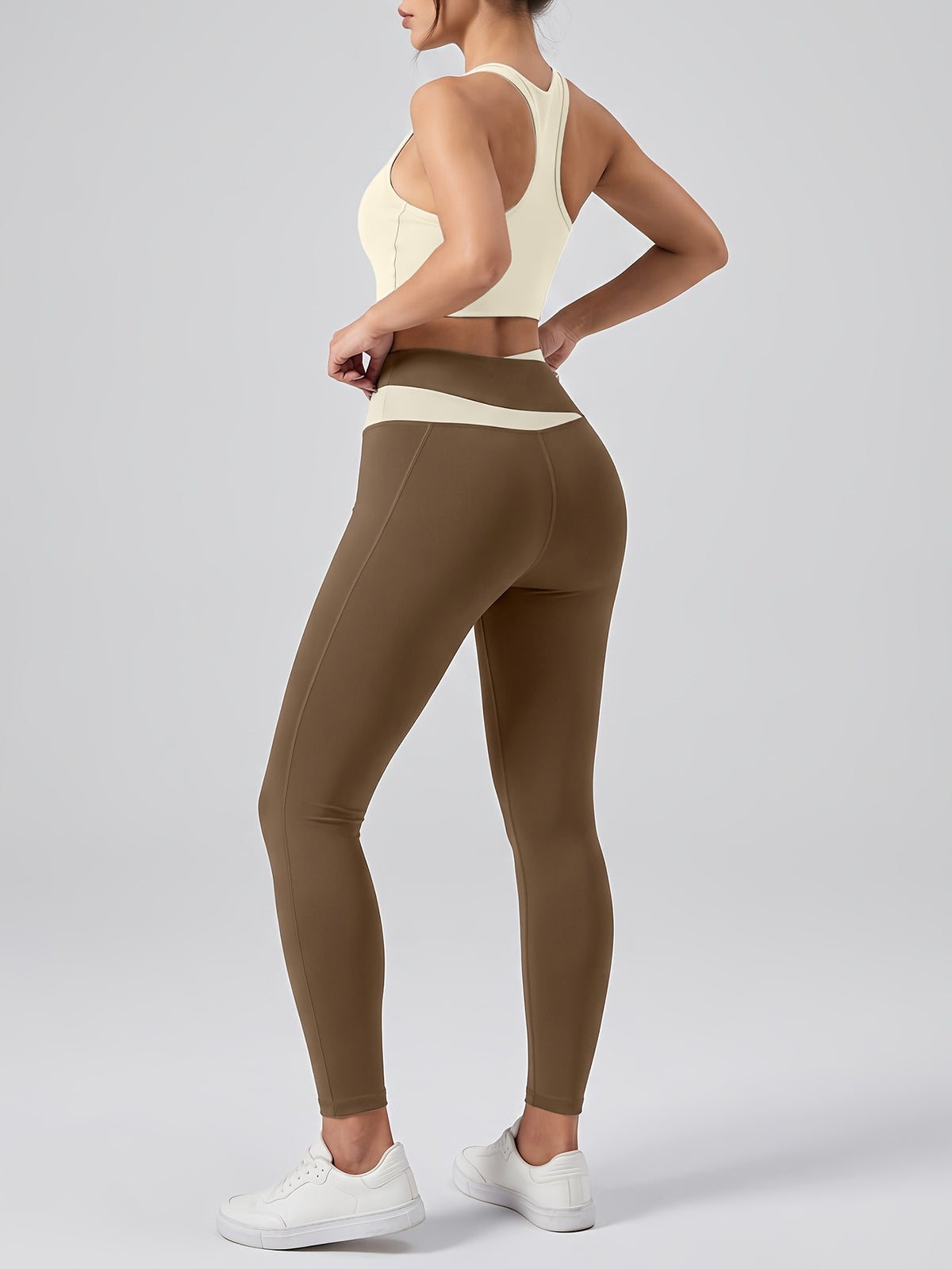 Letter Back Bra & Crossover Waist Leggings Set - Ivory White & Cocoa