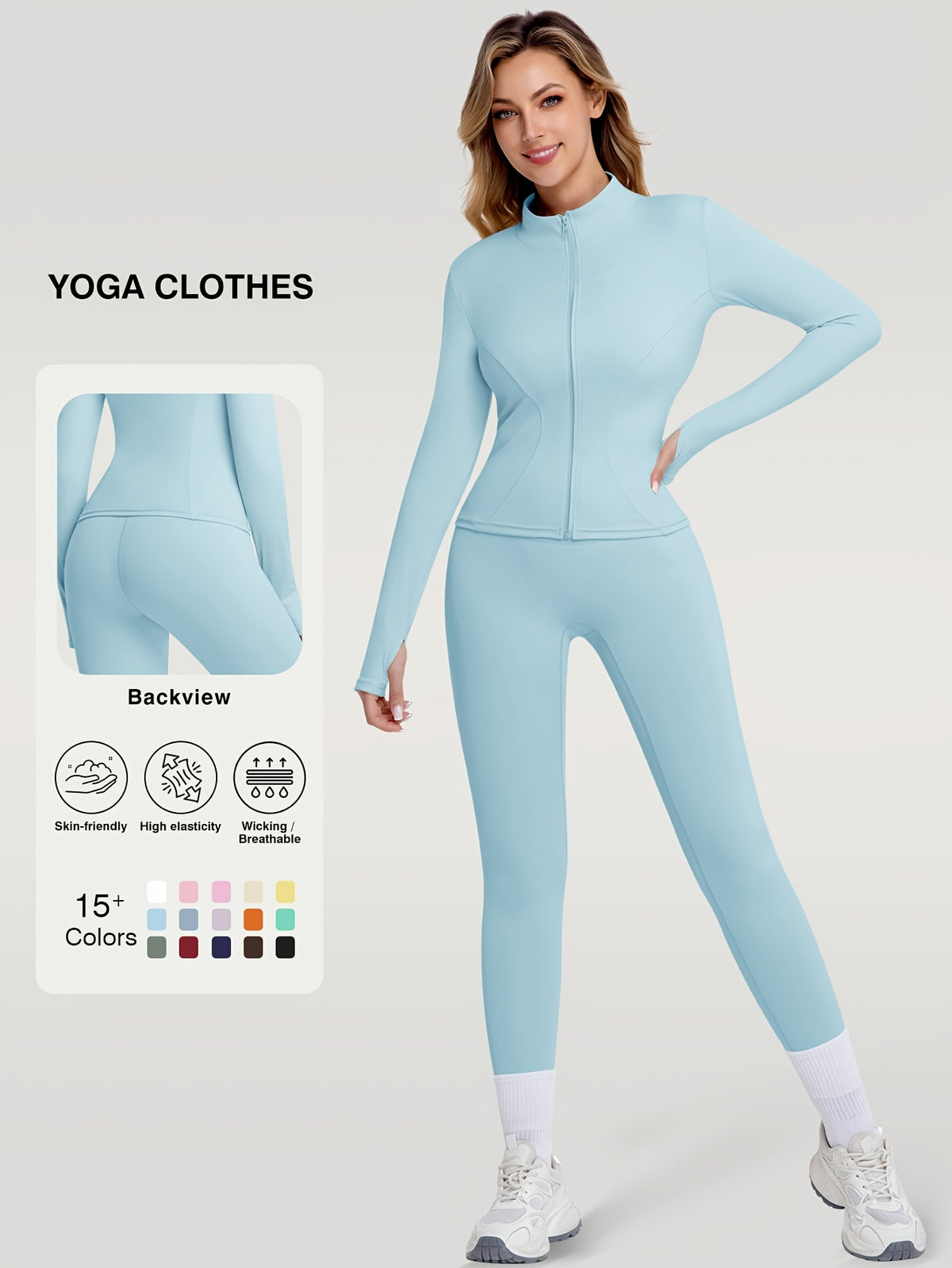 Figure Hugging Jacket & Pants Set - Light Blue