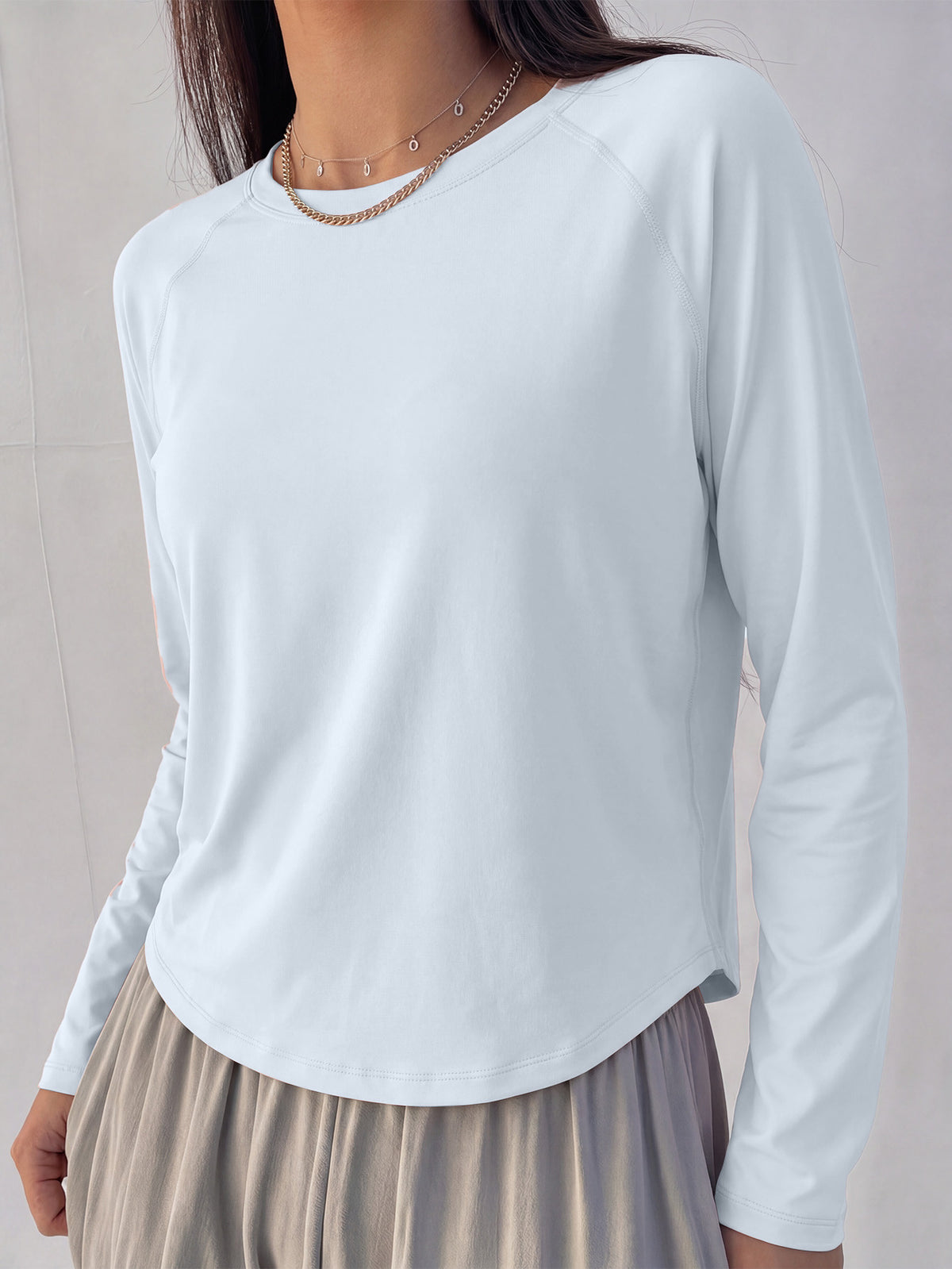 Mesh Back Panel Long Sleeve Top - Light Blue