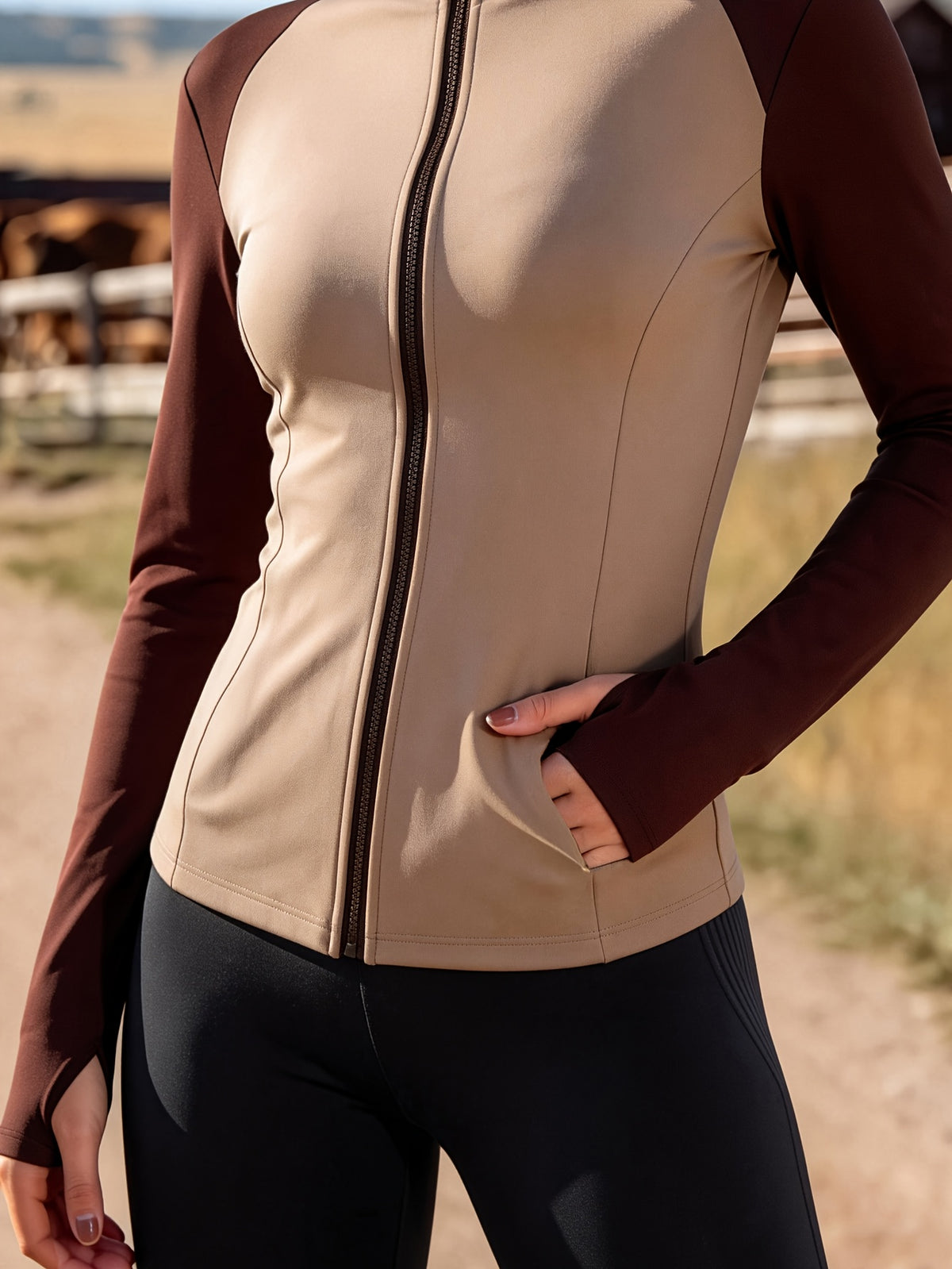 Two Tone Raglan Zip Jacket - Coffee