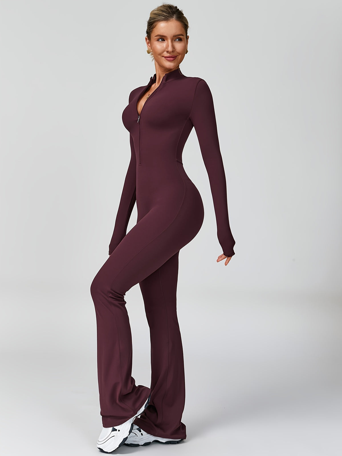 Long Sleeve Zip Flare Jumpsuit - Burgundy