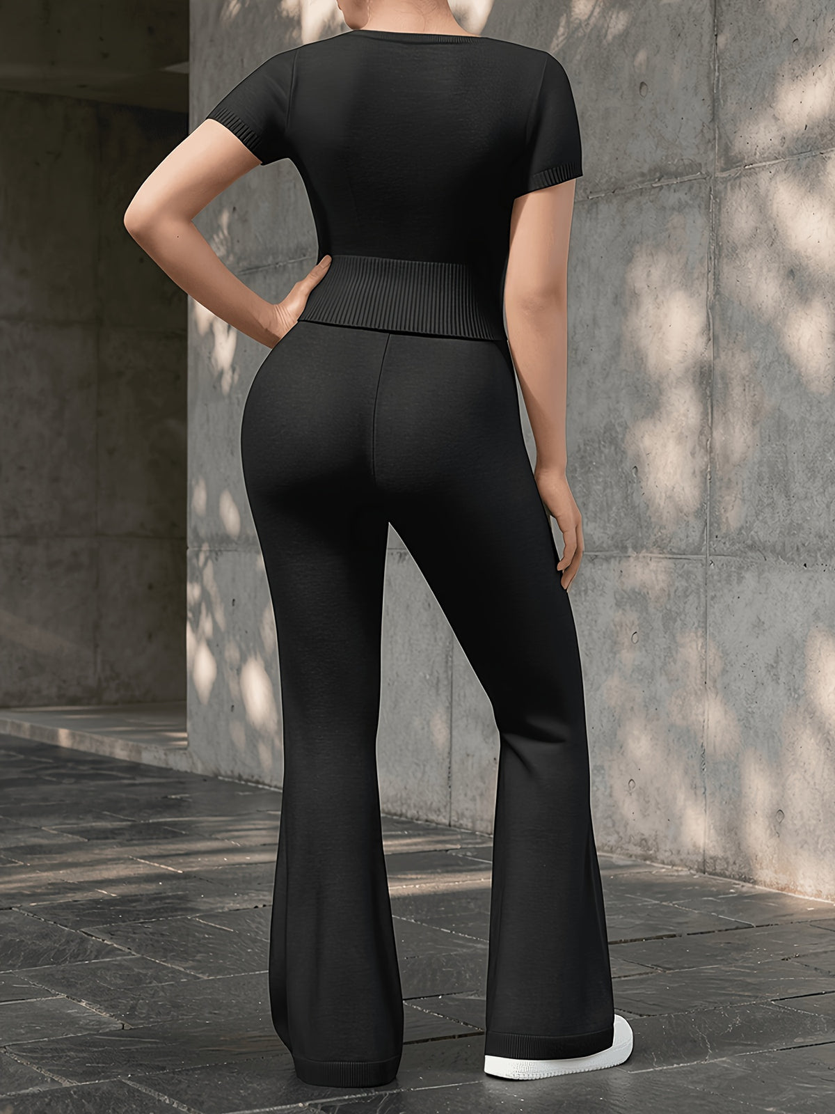 Seamless Square Neck Tee & Wide Leg Set - Black