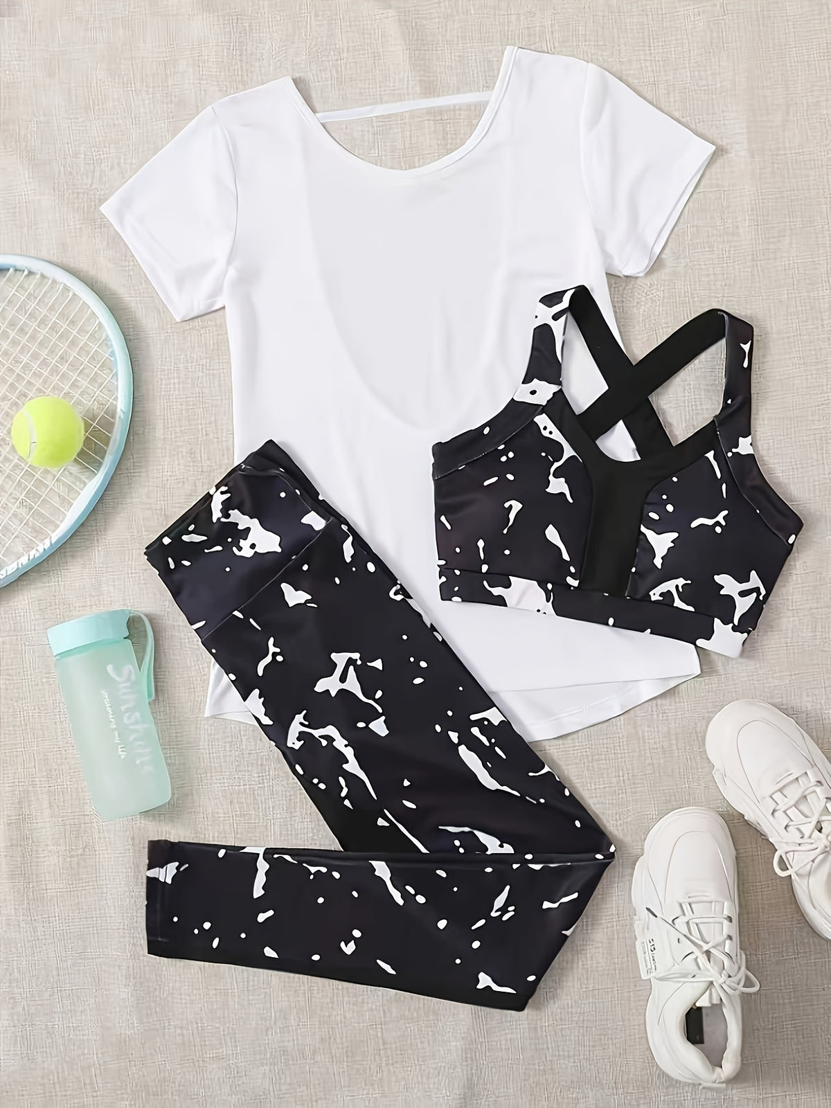 3 Piece Printed Leggings & Cut Out Tee Set - Black & White