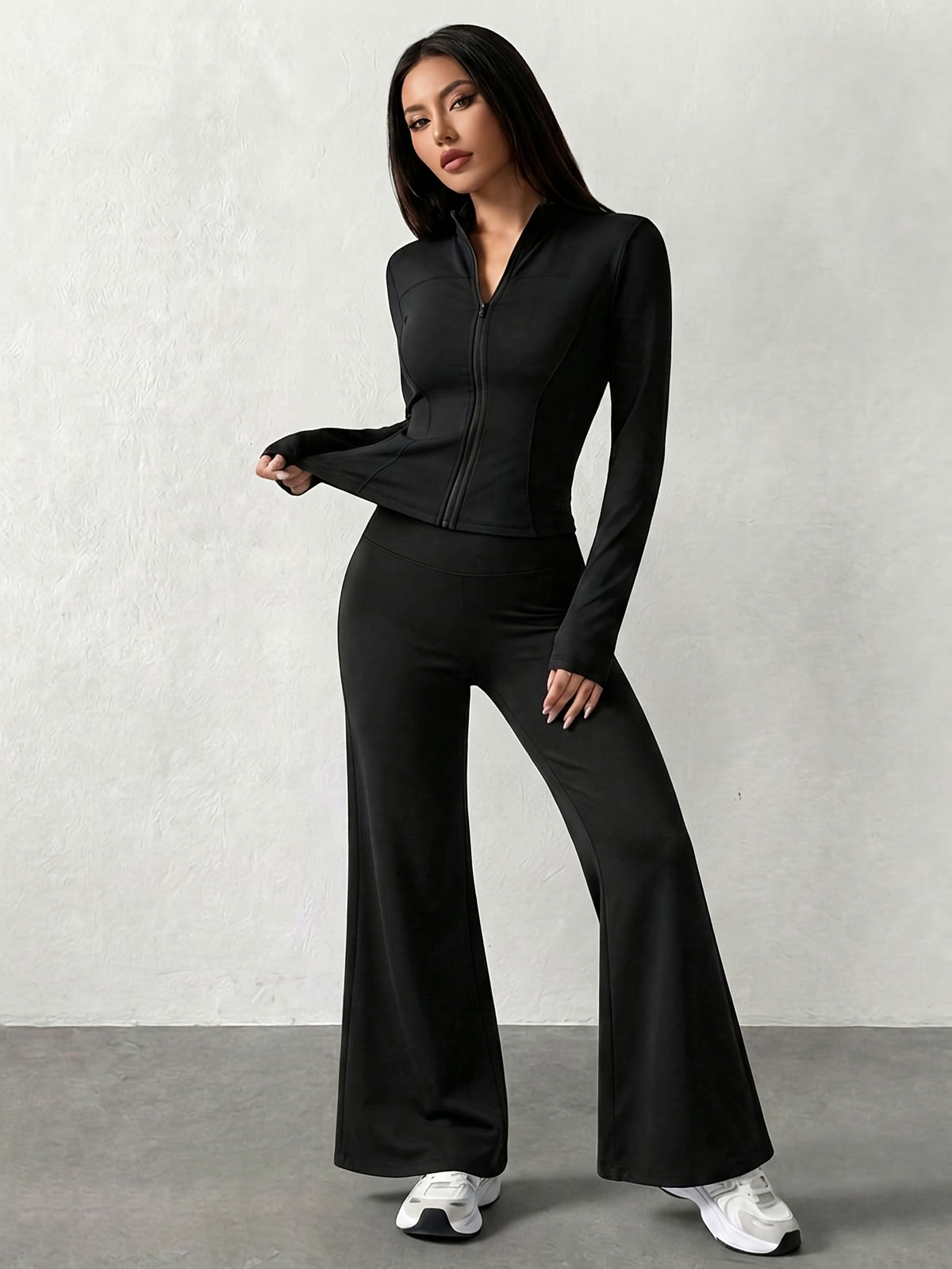 Waist Cinch Zip Jacket & Flare Pants Set - Black
