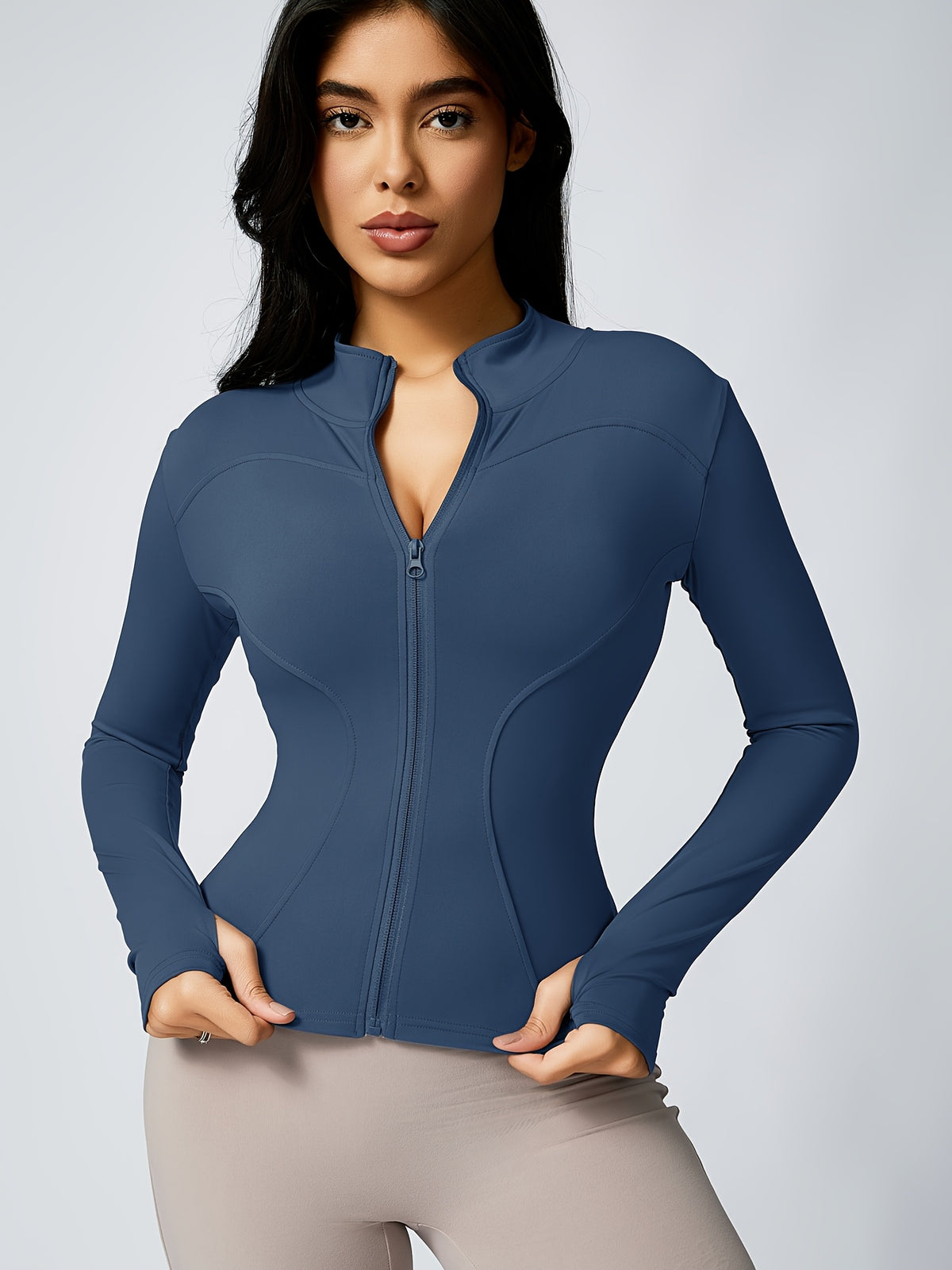 Stand Collar Thumbhole Zip Top - Blue