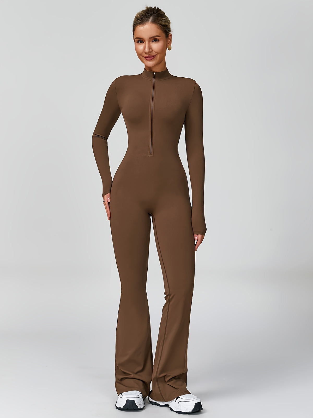Long Sleeve Zip Flare Jumpsuit - Dark Brown