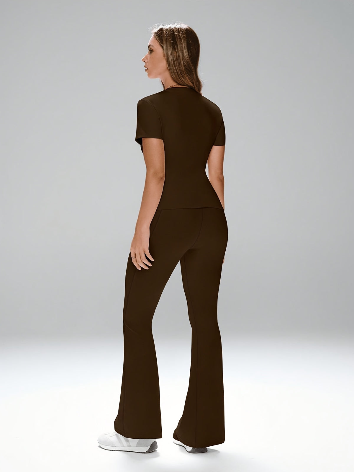 Short Sleeve Top & Flare Pants Set - Coffee