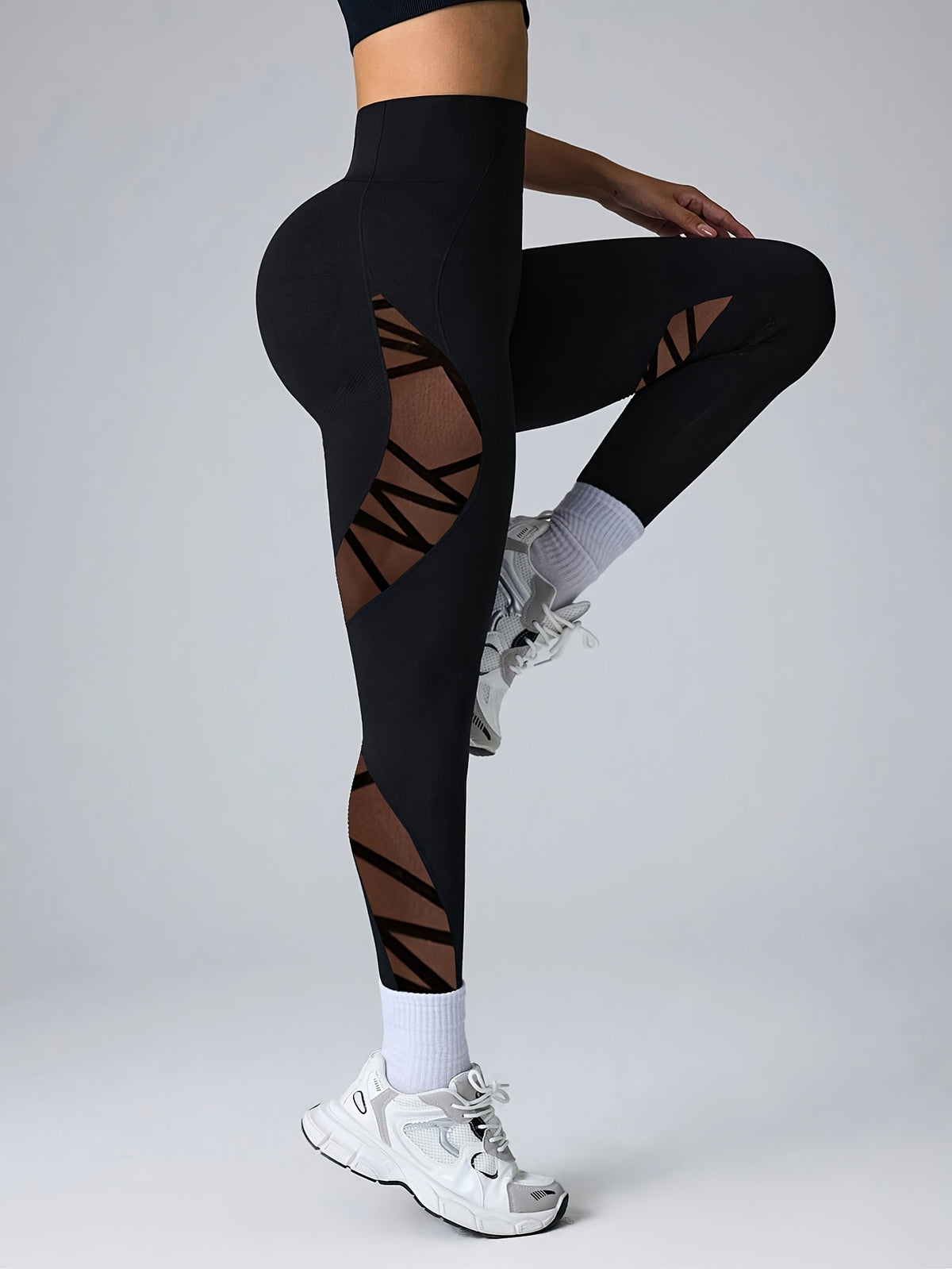 Velvet Mesh Panel High Waist Leggings - Black
