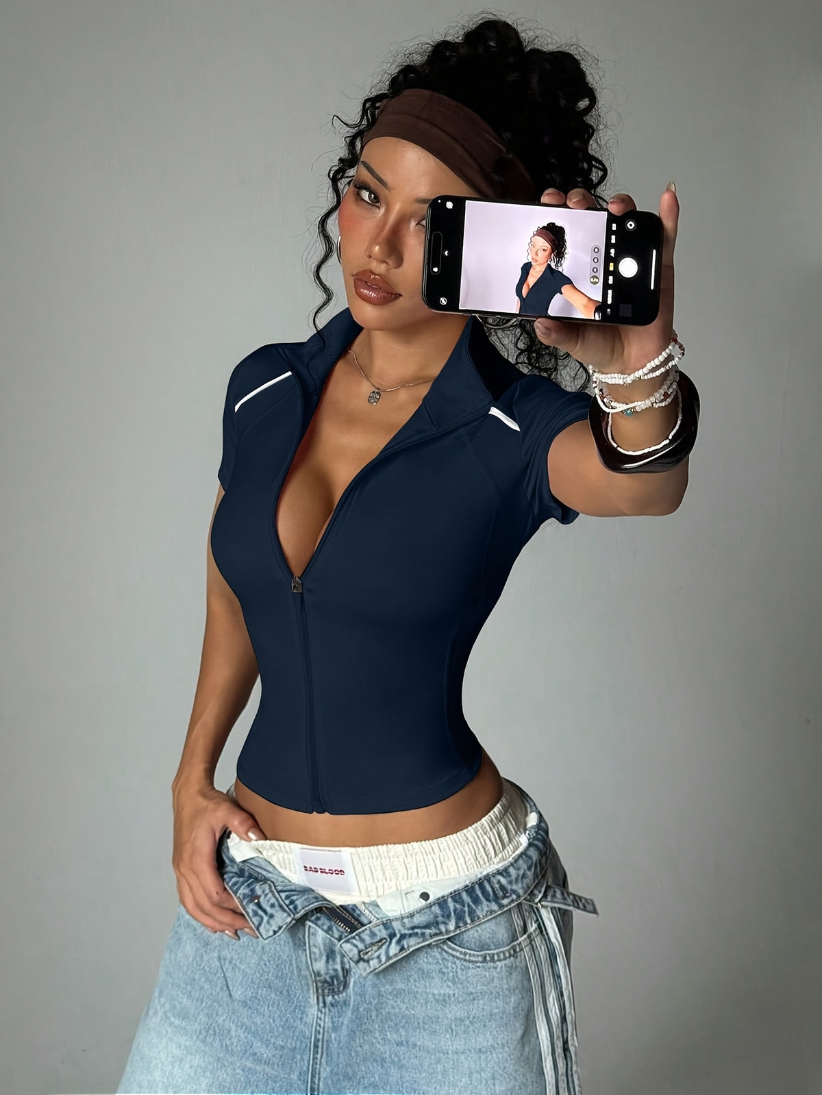 Short Sleeve Zip Top - Navy