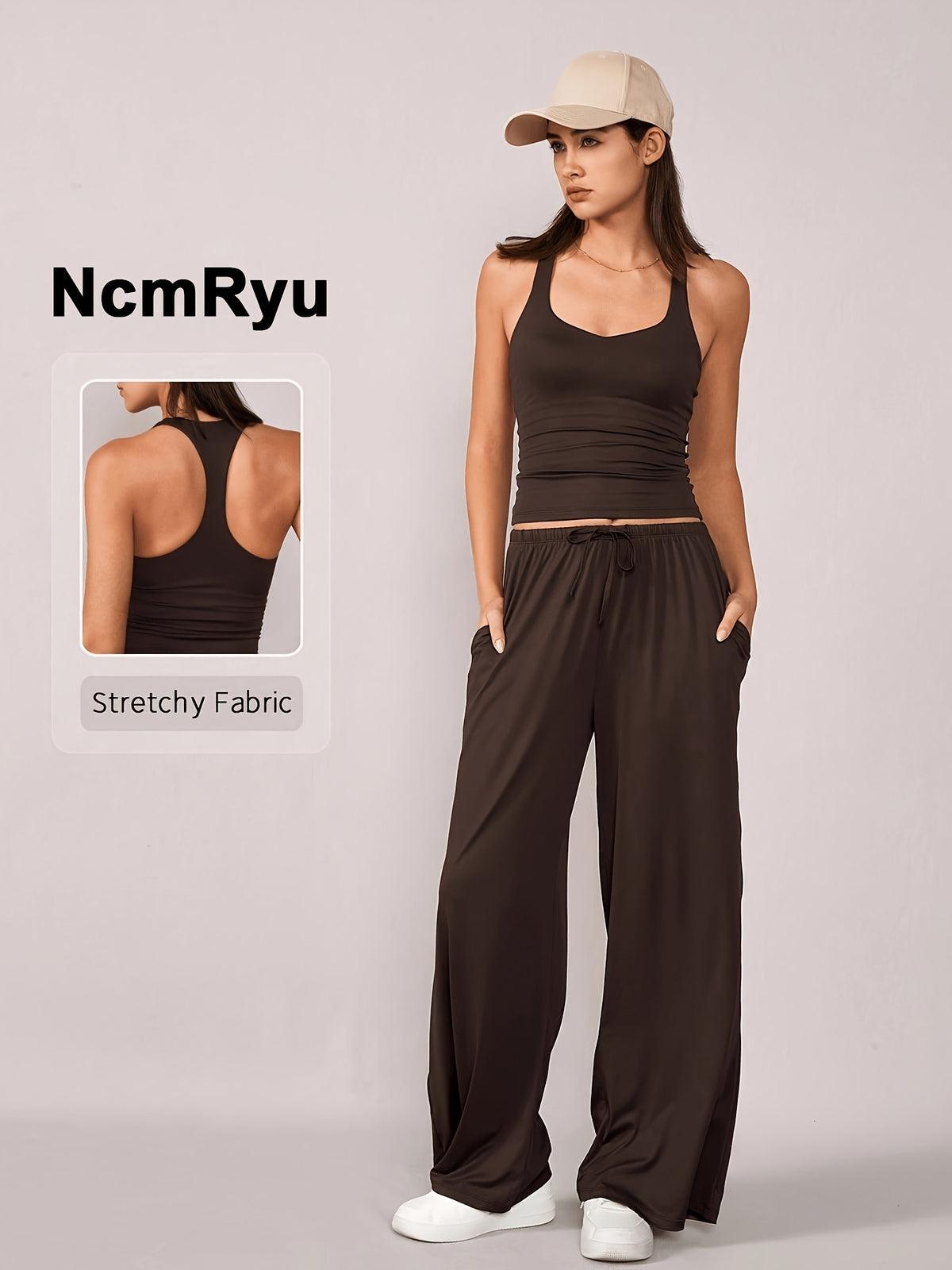 Racerback Tank & Wide Leg Pants Set - Coffee