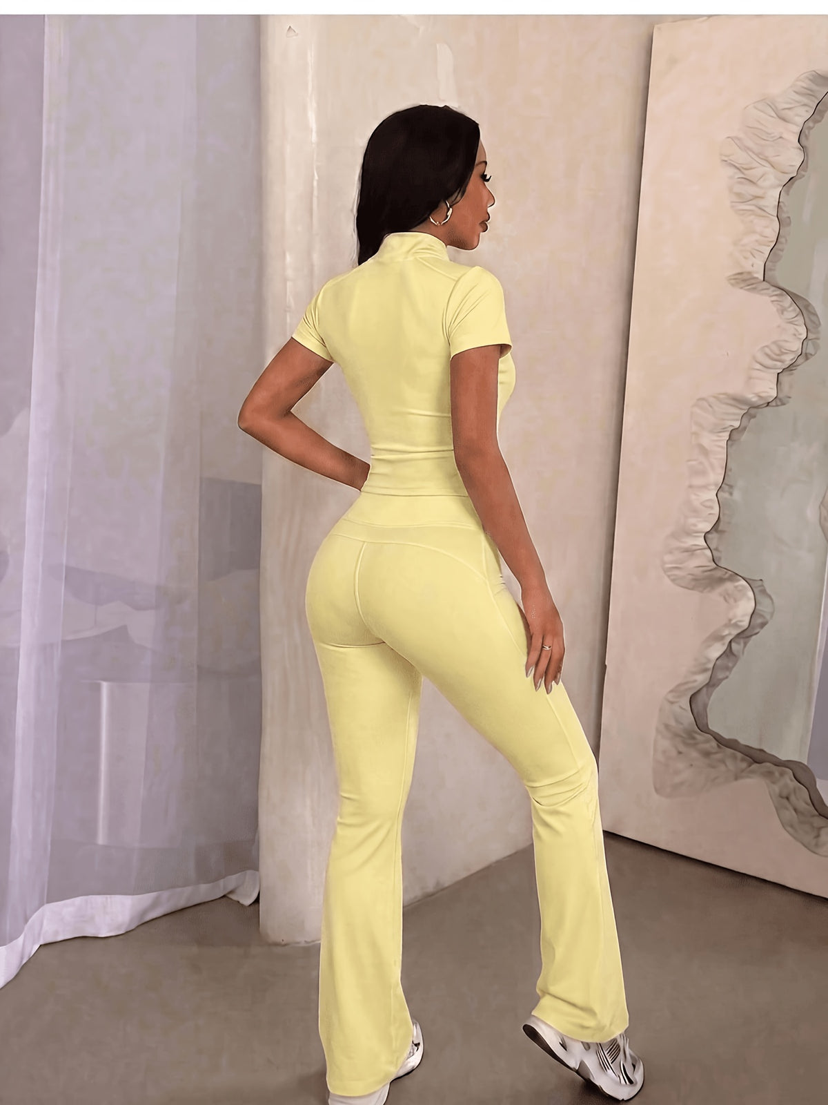 Short Sleeve Zip Top & Flare Pants Set - Light Yellow