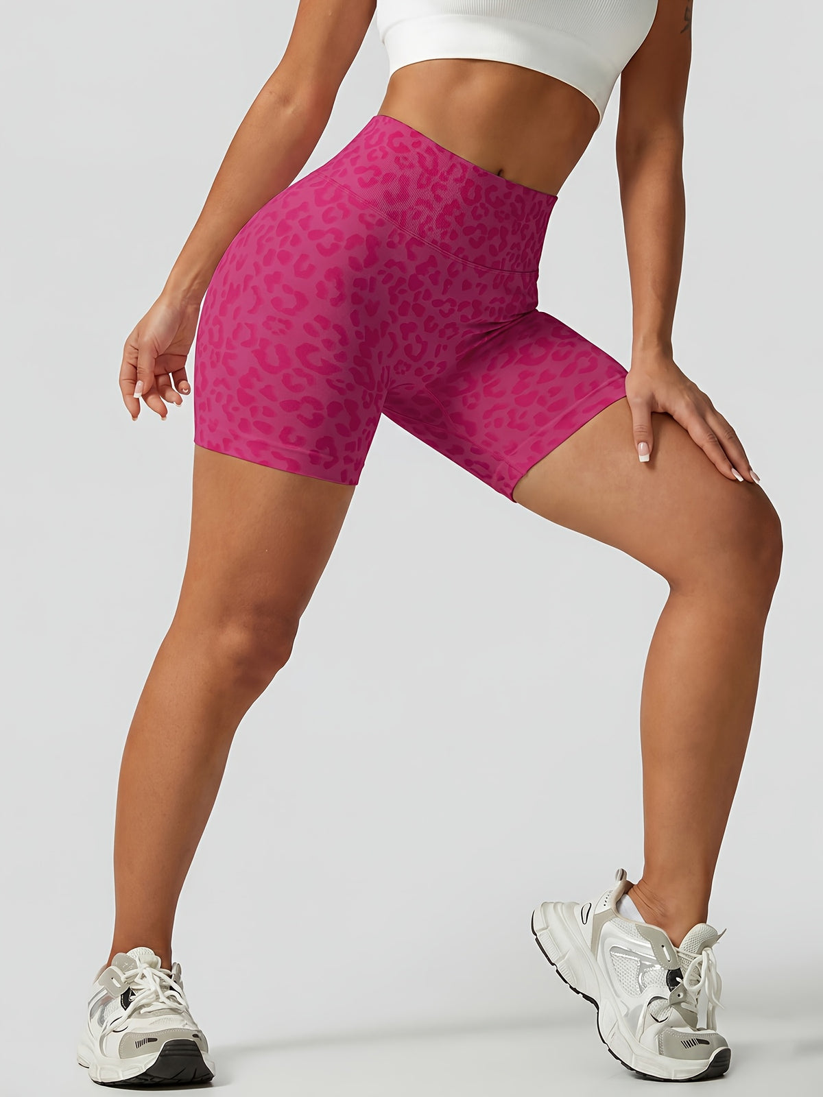 Leopard Seamless Ribbed Biker Shorts - Raspberry