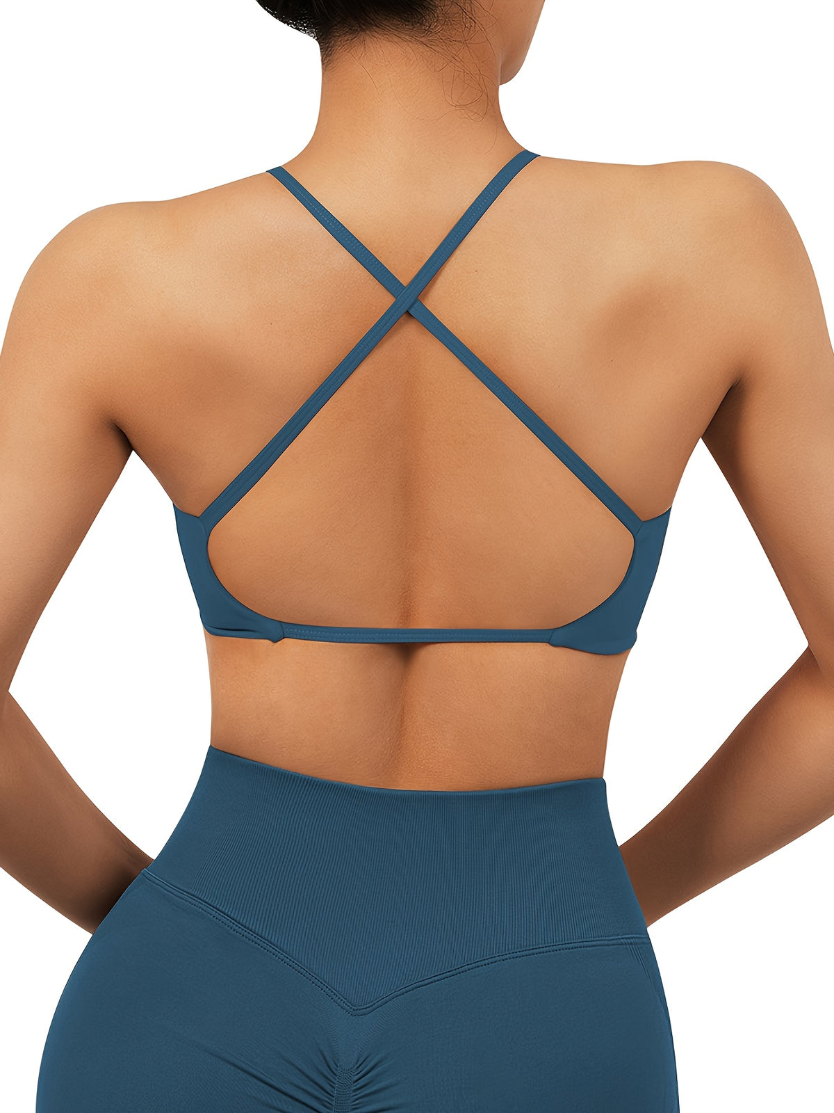 V-Neck Strap Back Padded Sports Bra - Navy