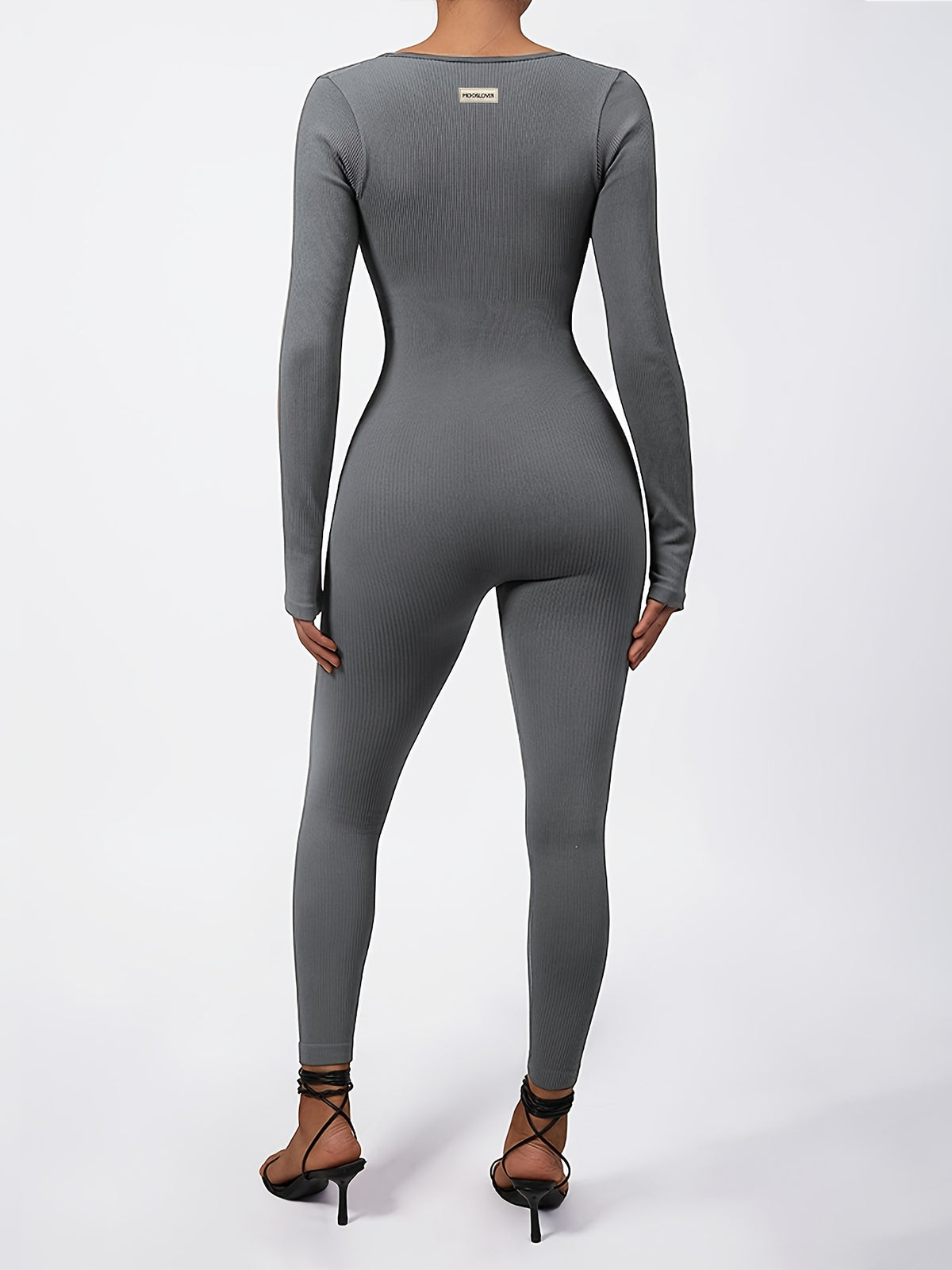 Ribbed Long Sleeve Seamless Jumpsuit - Grey