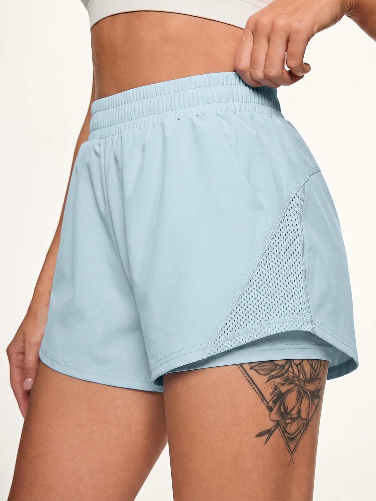 Split Hem Mesh Pocket Running Shorts - Sky Blue