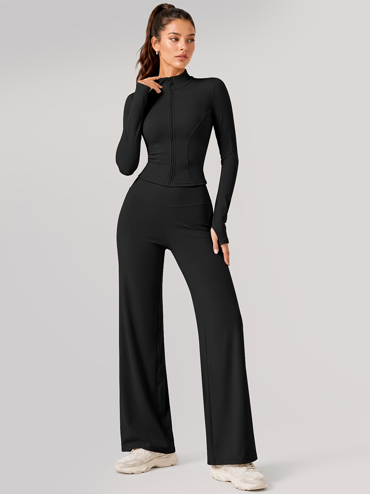 Zip Jacket & Wide Leg Pants Set - Black