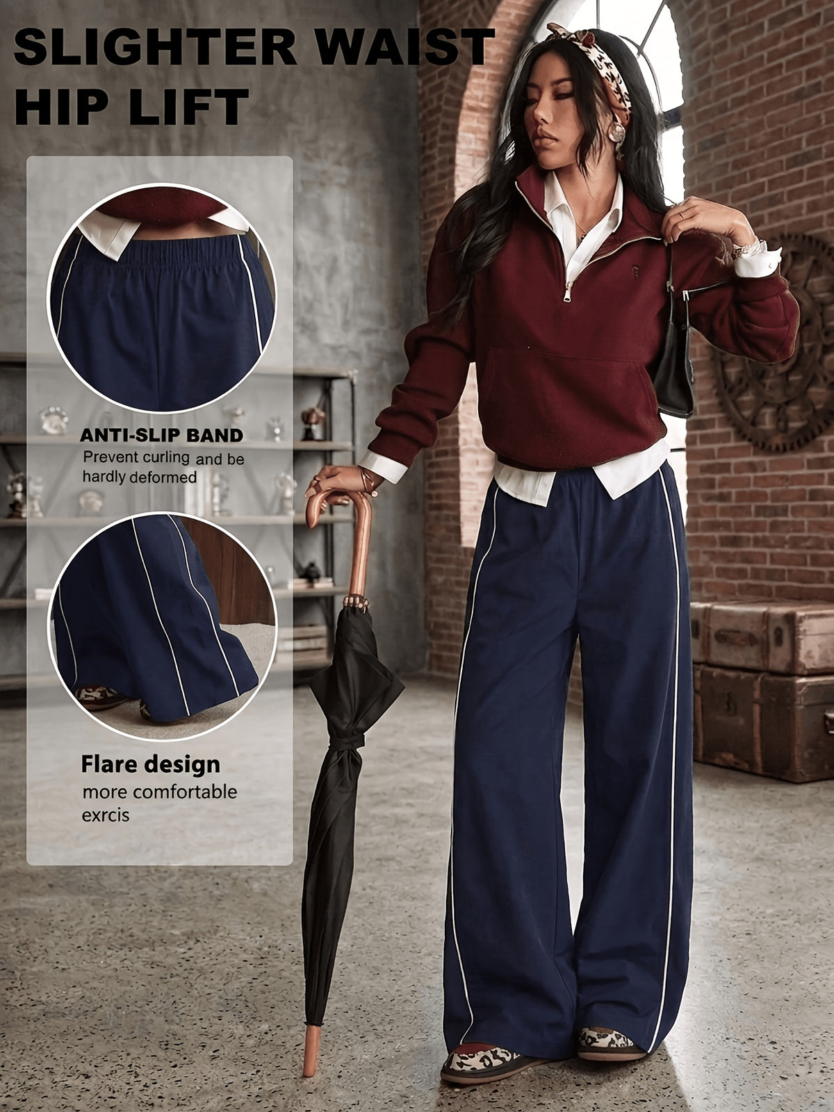 Side Stripe Wide Leg Pants - Navy