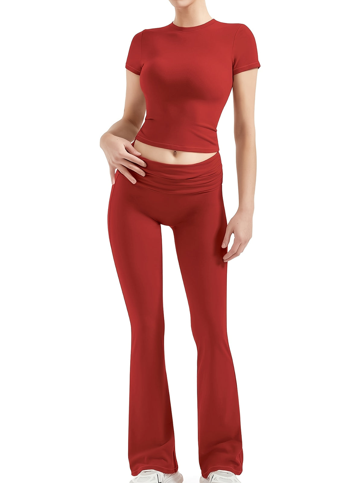 Short Sleeve Crop Top & Wide Leg Pilates Set - Red