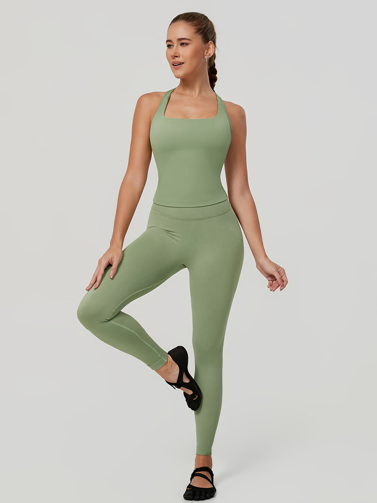 Square Neck Halter Tank & Leggings Set - Moss Green