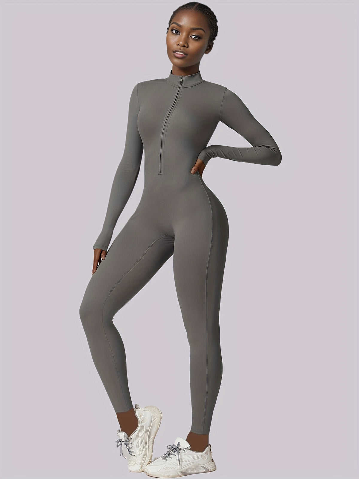 Full Zip Long Sleeve Jumpsuit - Grey