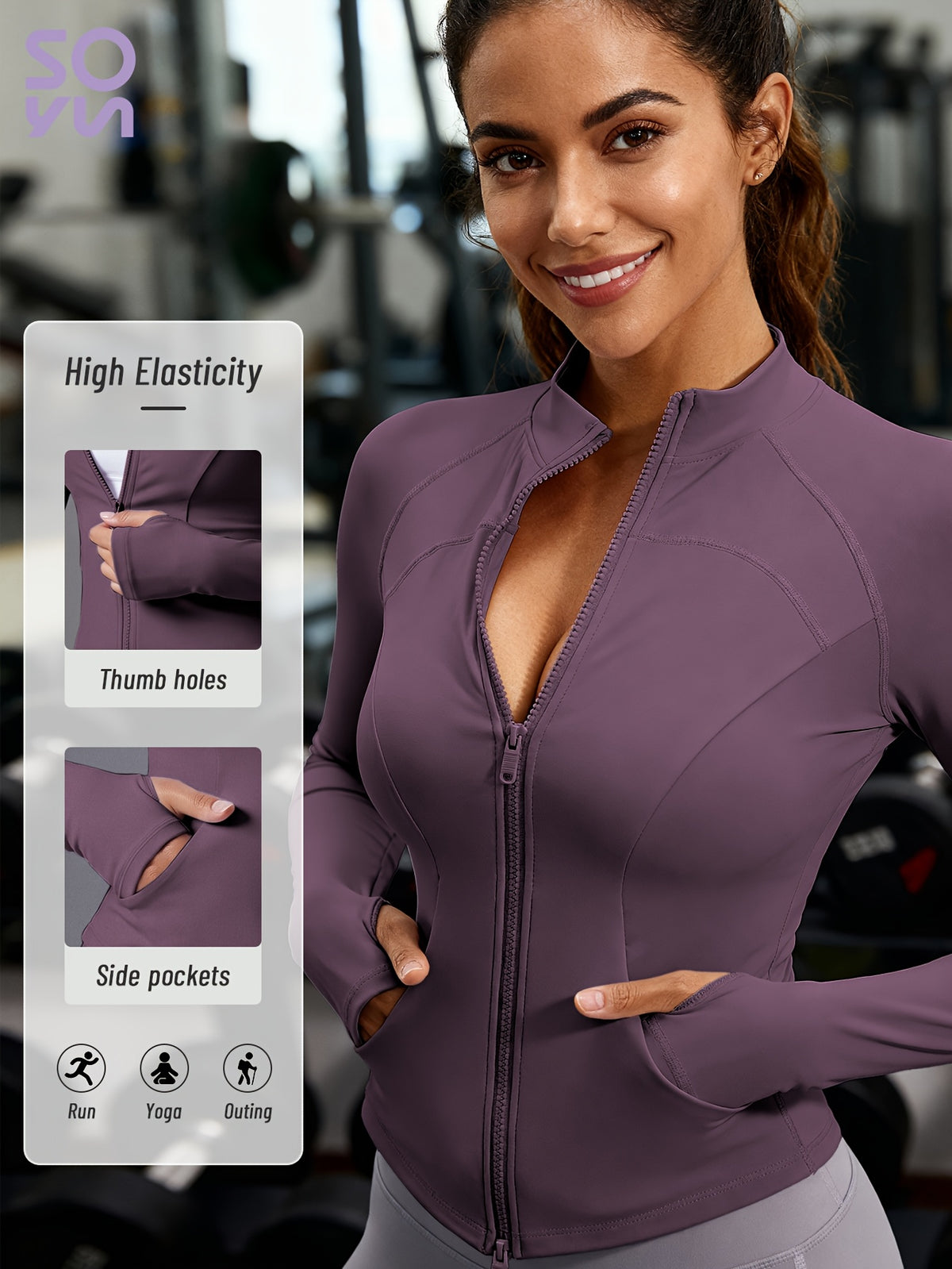 Pocket Solid Running Sports Jacket - Deep Purple