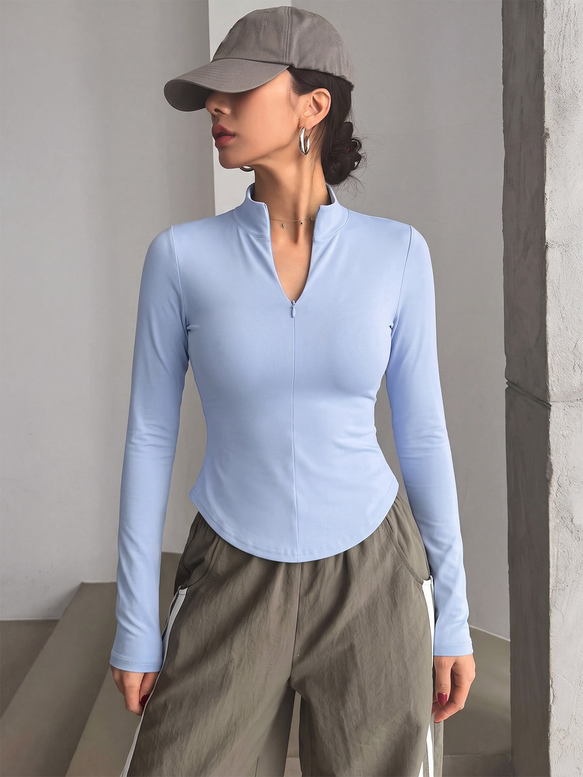 Half Zip Curved Hem Thumbhole Top - Light Blue