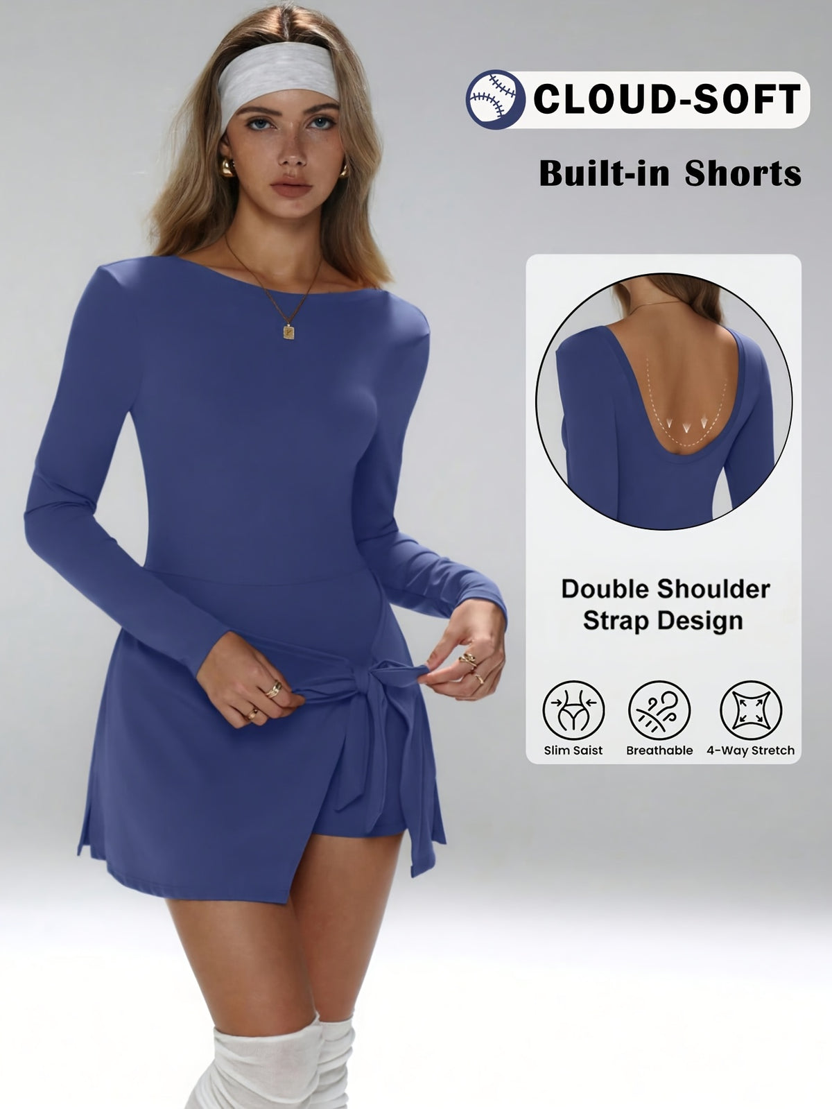 Tie-Front Asymmetric Hem Long Sleeve Dress - Blue
