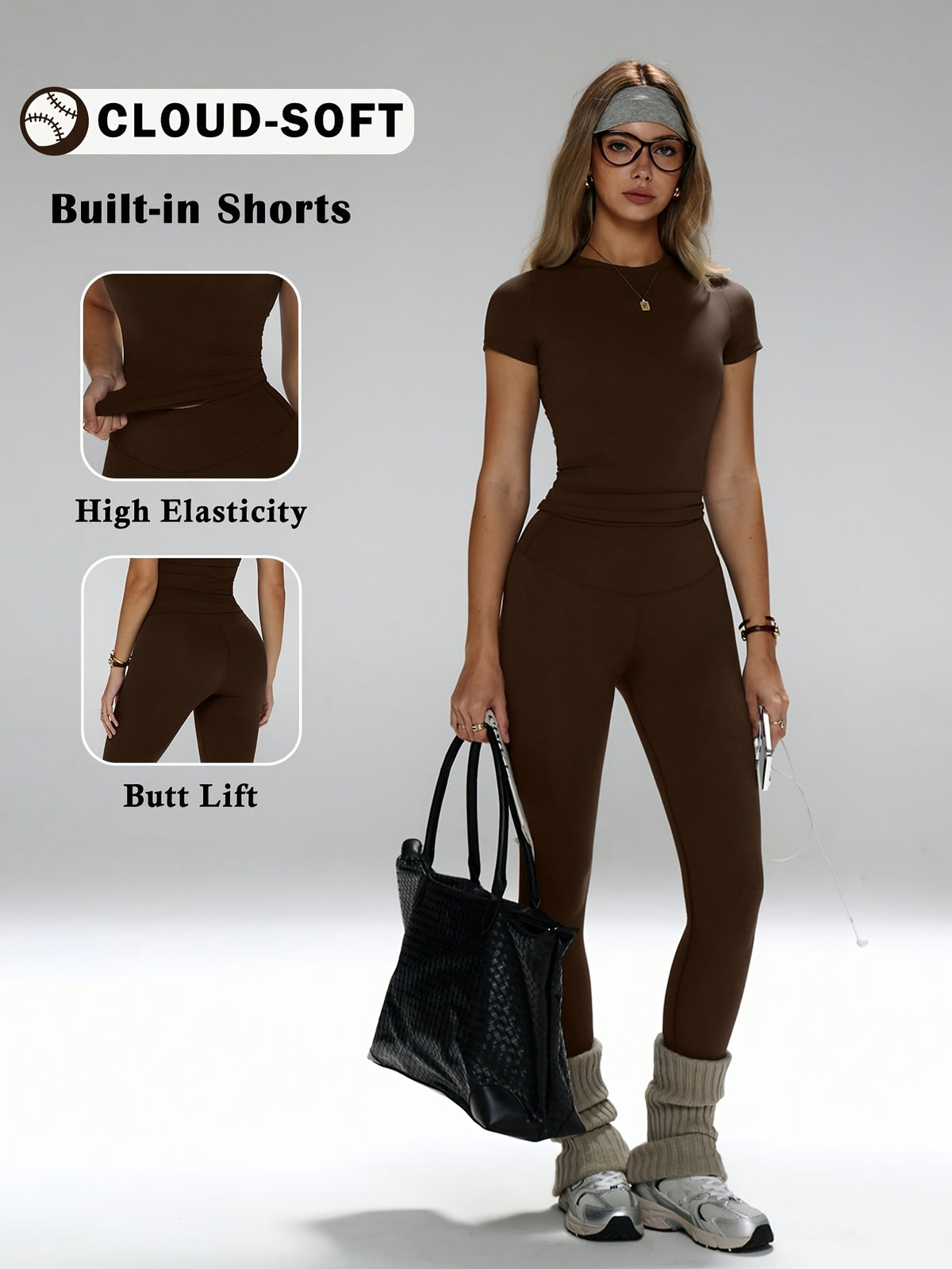 Short Sleeve Tee & Leggings Set - Coffee