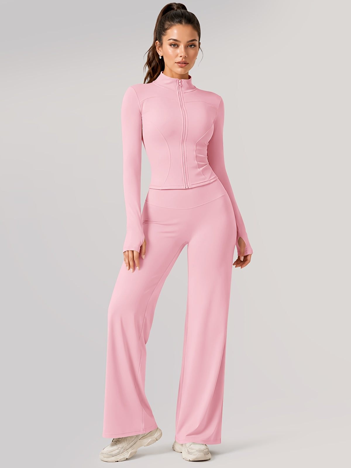 Zip Jacket & Wide Leg Pants Set - Pink