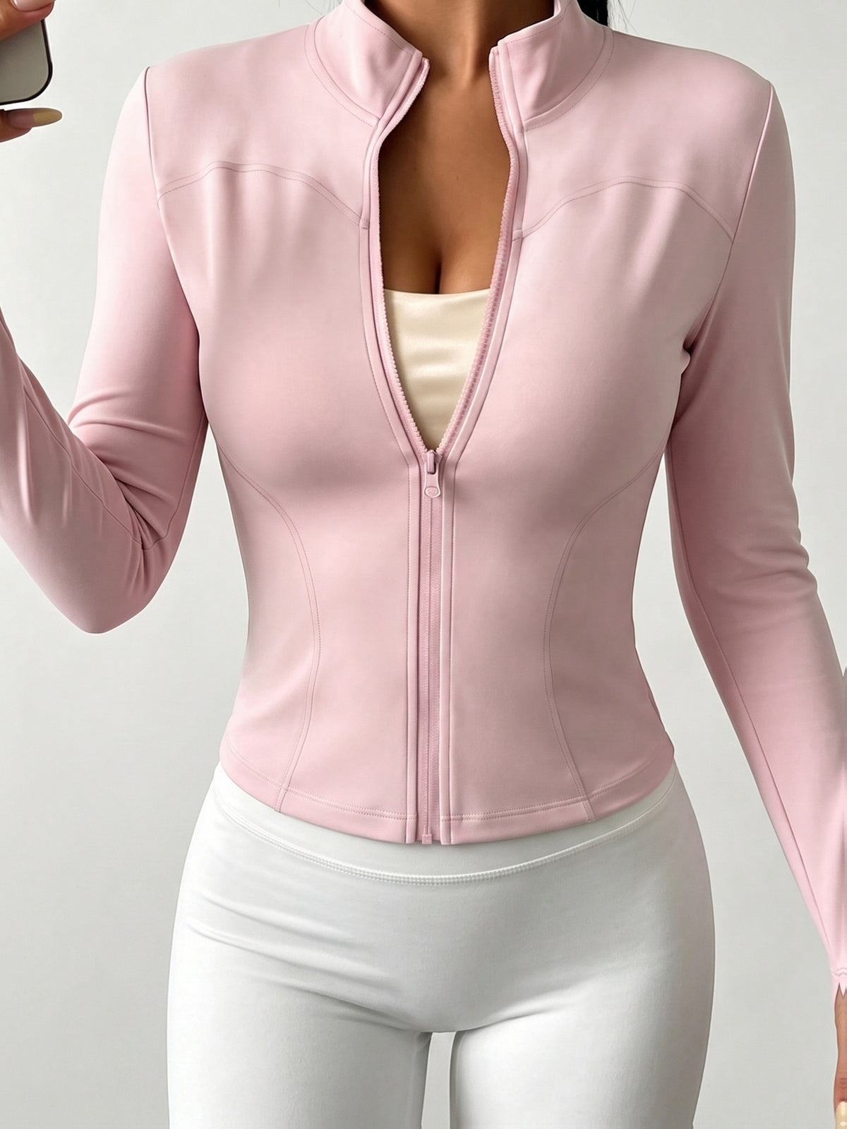 High Neck Thumbhole Zip Jacket - Hot Pink