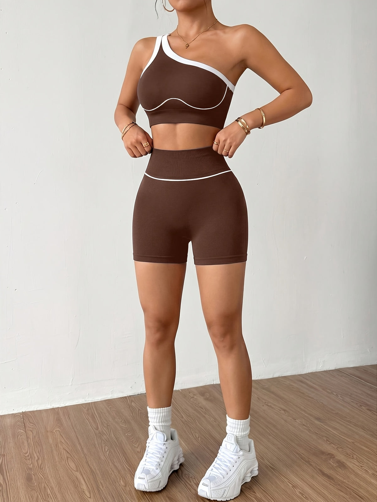 One Shoulder Bra & Shorts Set - Brown