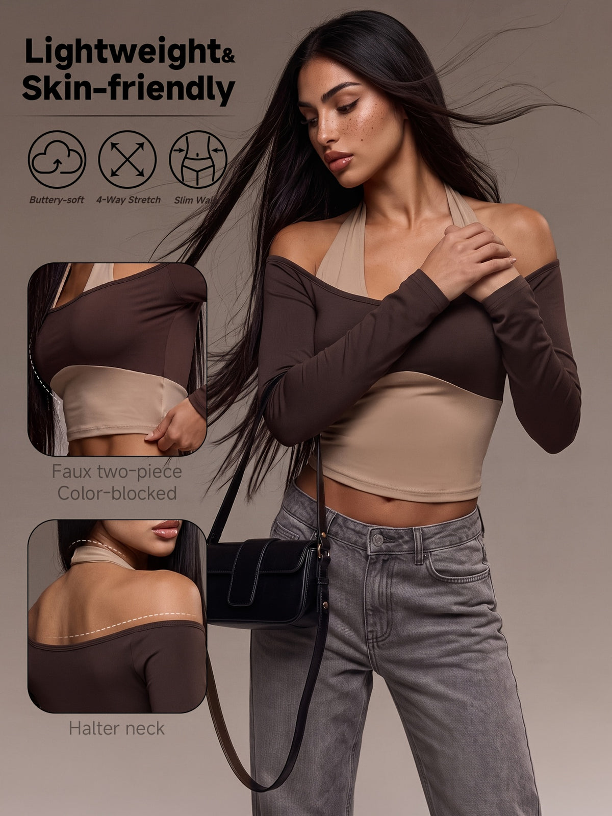 Off Shoulder Layered Crop Top - Coffee
