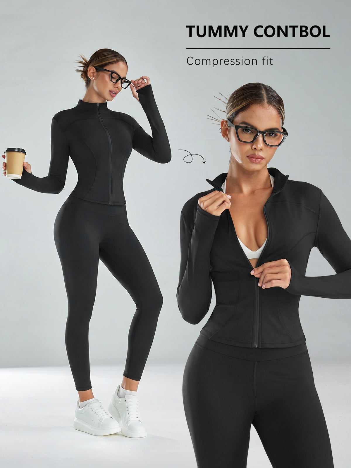 Mock Neck Track Jacket & Leggings Set - Black